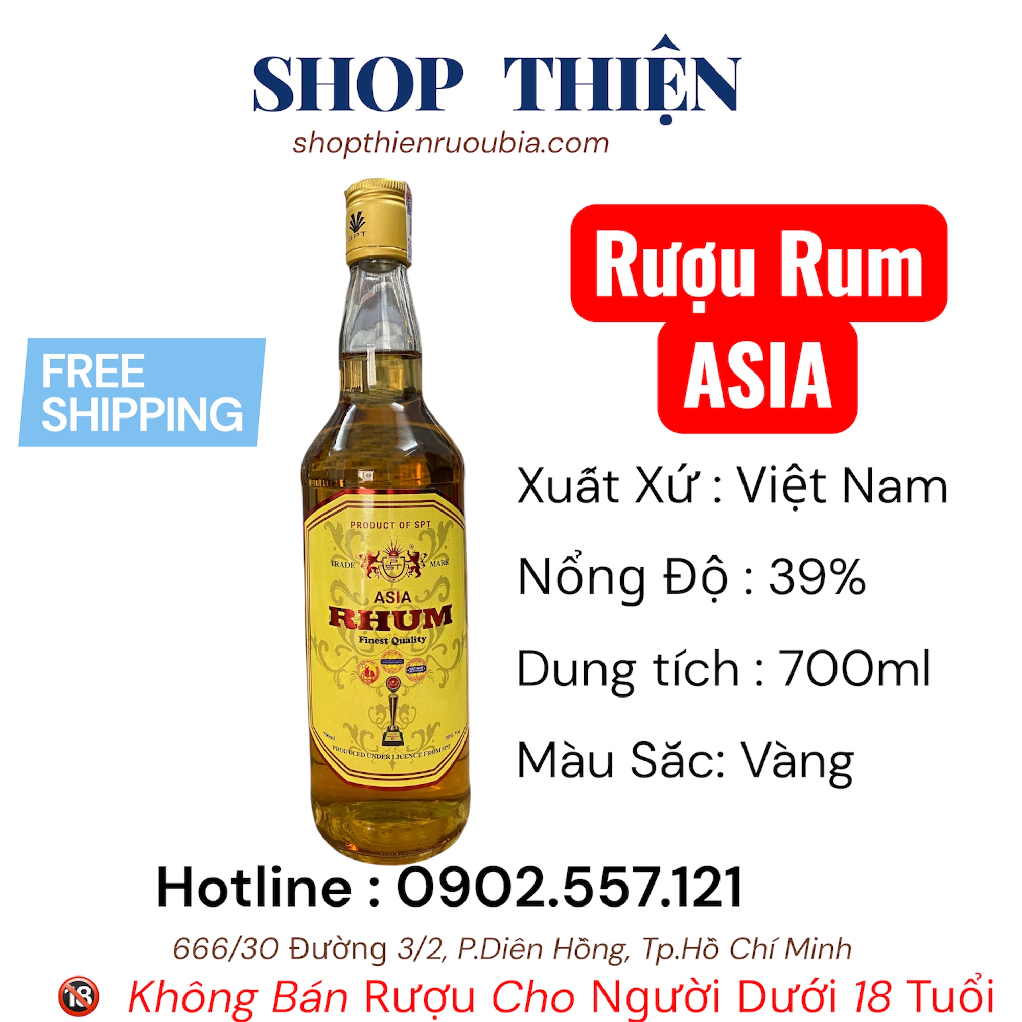 Rượu Rhum Vàng ASIA 39% 700mm
