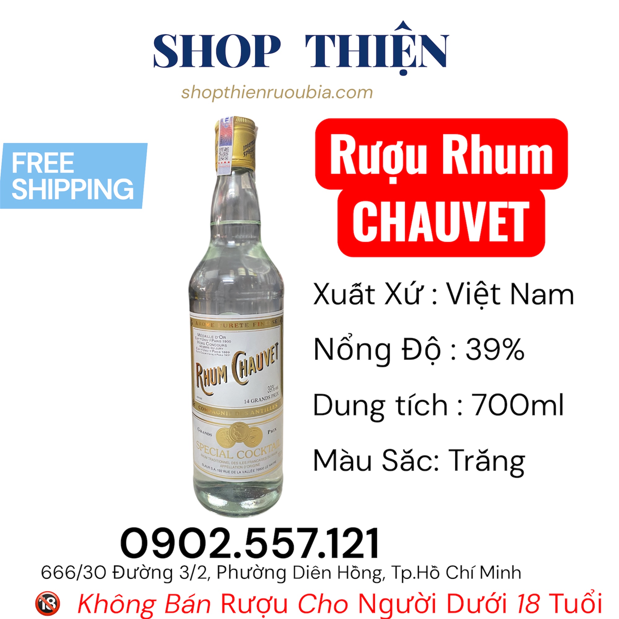 Rượu RHUM CHAUVET Trắng 39% 700ml