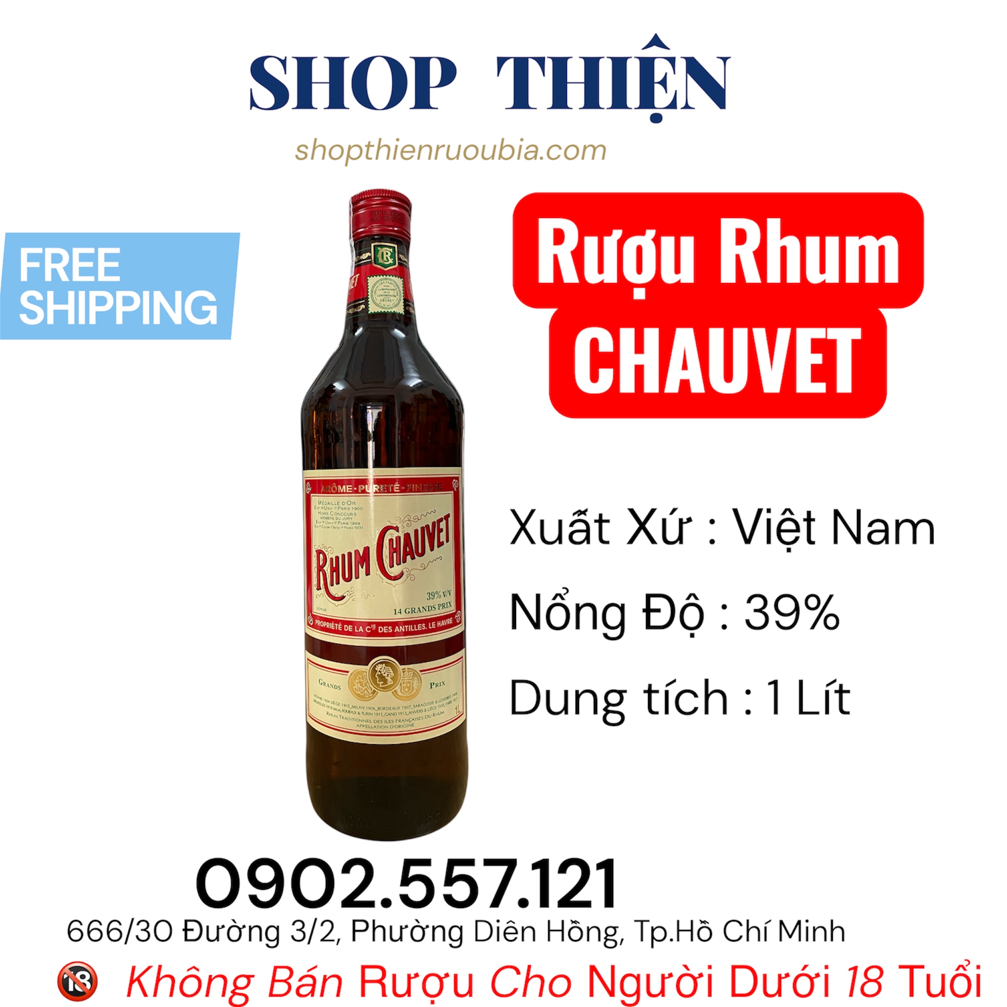 Rượu Rhum CHAUVET 39% 1 Lít