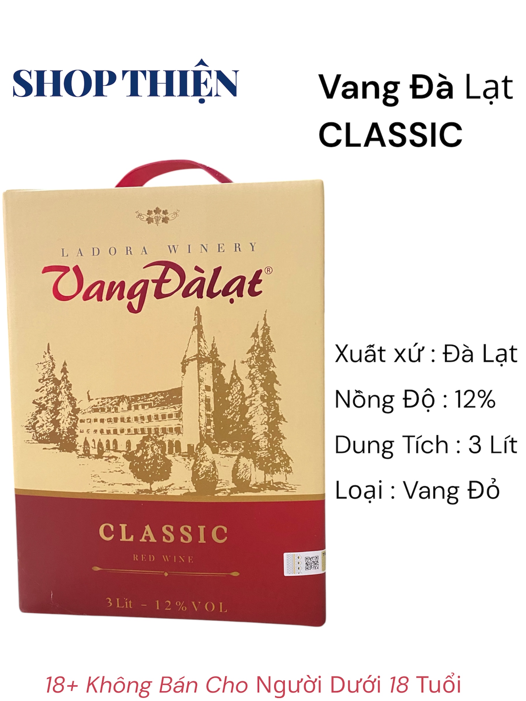 Rượu Vang Đà Lạt Classic Đỏ 12% – Hộp 3 Lít (Ladora Winery)