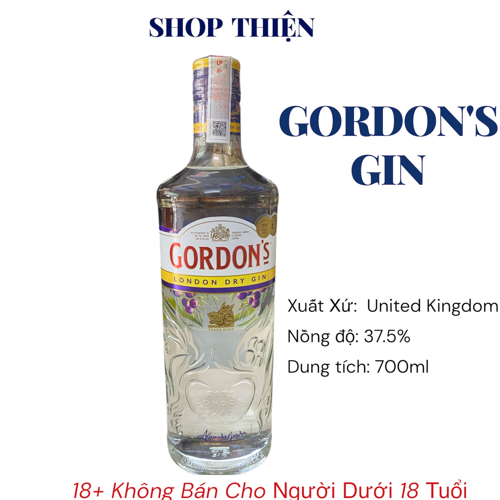 Rượu Gordon's London Dry Gin 700ml 37.5% | Gin Anh Quốc Chính Hãng - Shop Thiện
