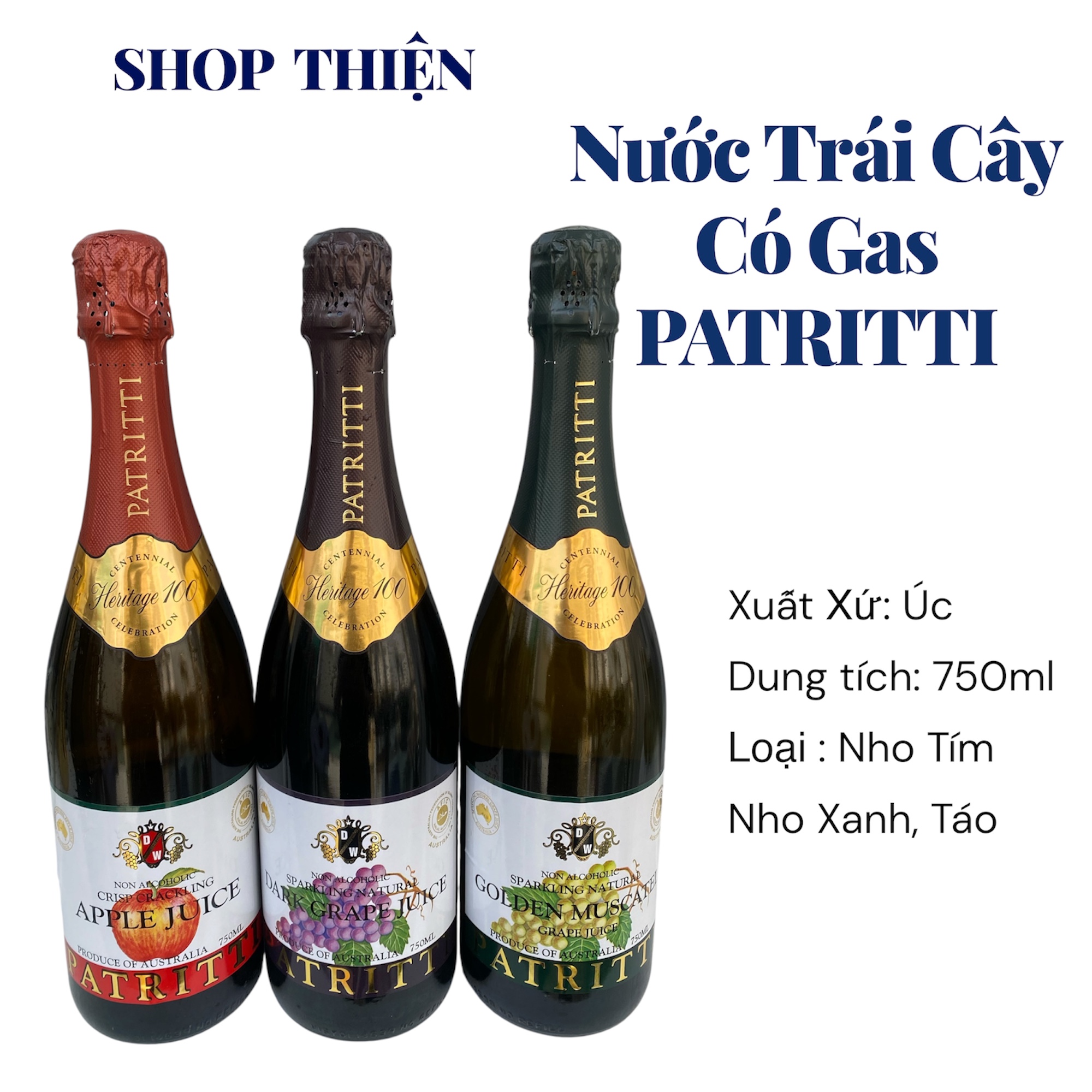 Nước Trái Cây Có Gas Patritti Úc 750ml - Nho, Táo - Không Cồn, Ăn Tiệc Sang Trọng