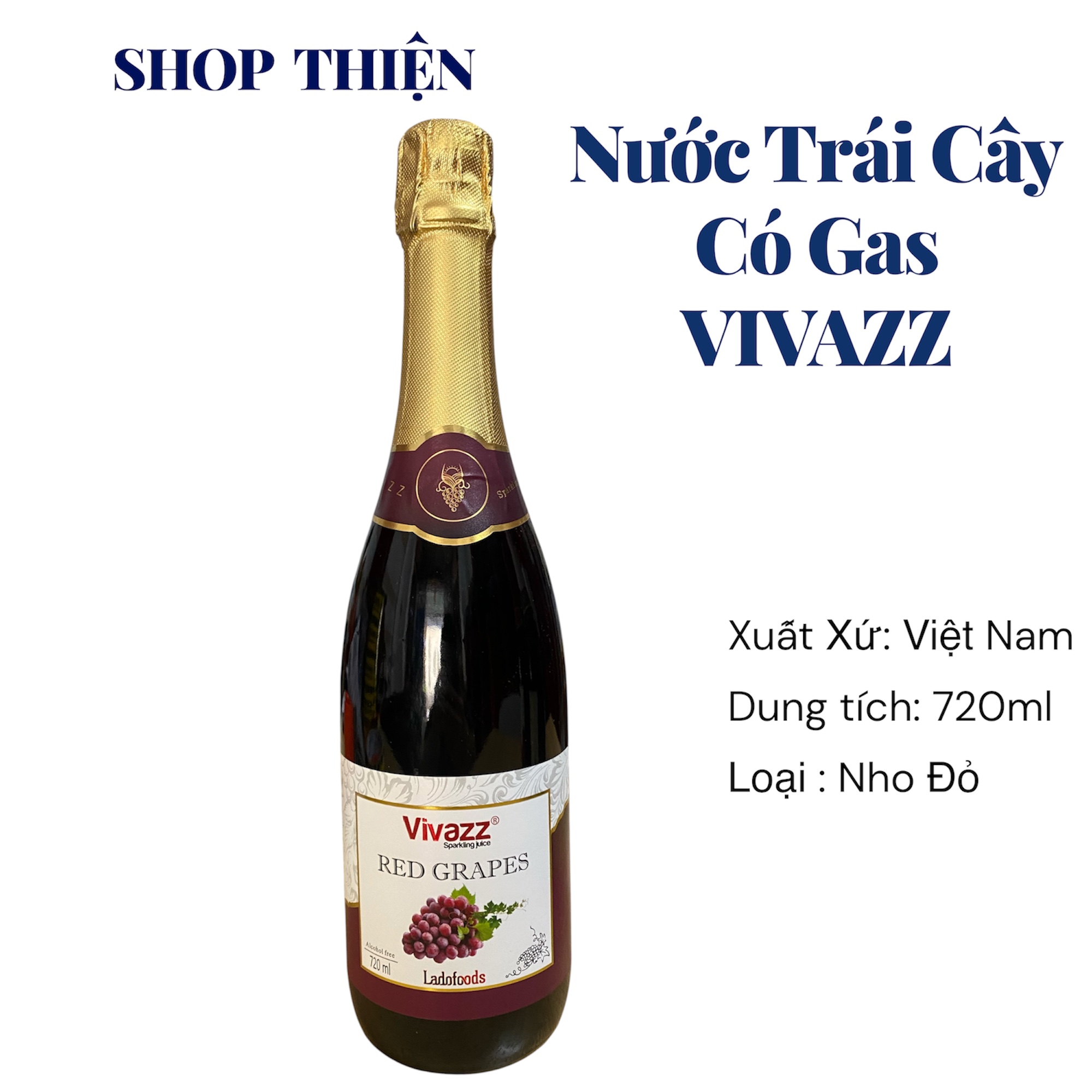 Nước Trái Cây Có Gas VIVAZZ Vị Nho Đỏ 720ml - Không Cồn, Nhập Tiệc Sang Trọng