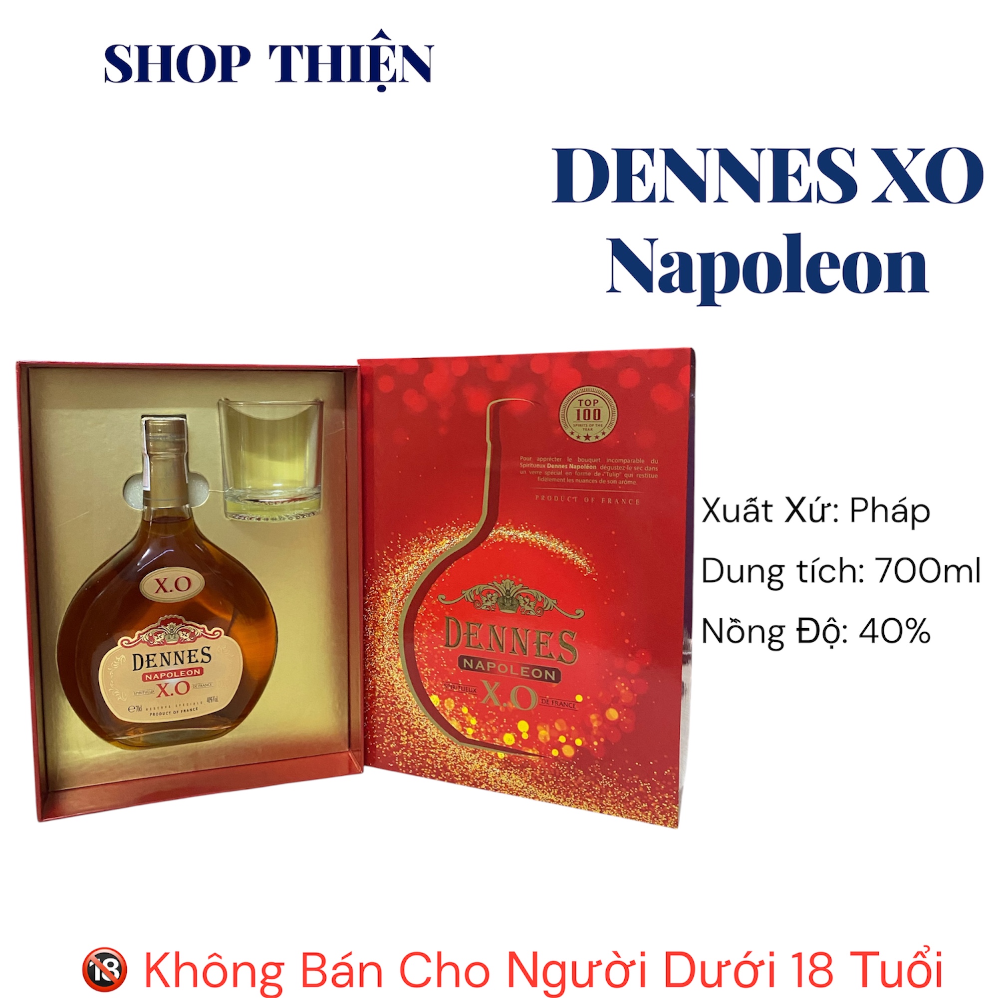 Hộp Quà Rượu Dennes XO Napoleon 700ml Của Pháp 40 độ - Quà Biếu Tết Cao Cấp Kèm Ly Thủy Tinh
