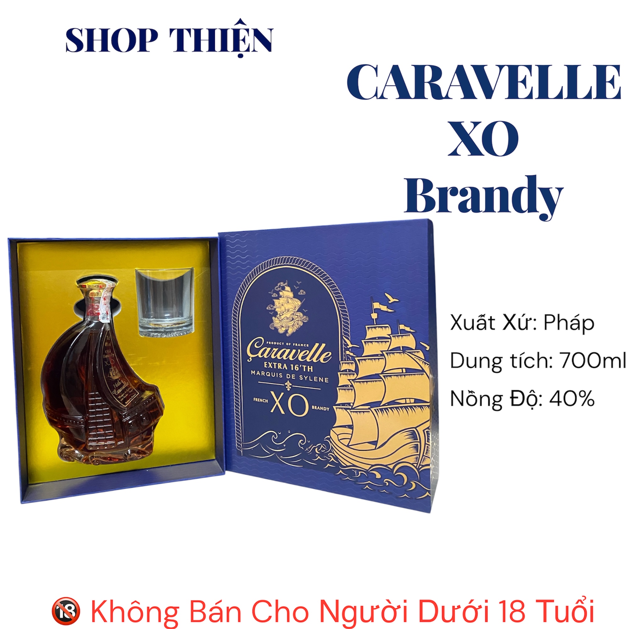 Rượu Brandy Caravelle XO 700ml 40% - Hình Thuyền Buồm - Xuất Xứ Pháp - Fullbox Kèm Ly - Làm Quà Biếu Sang Trọng