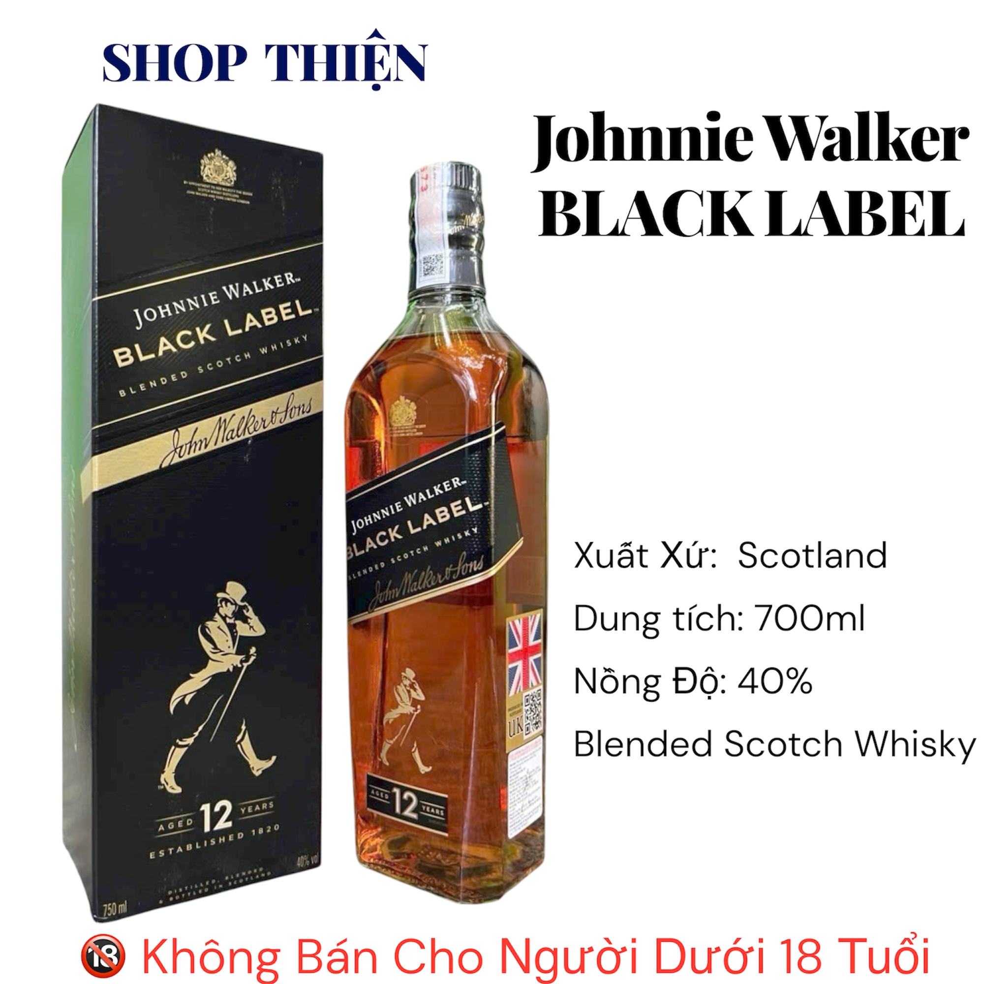 Rượu Johnnie Walker Black Label 12 Years 700ml - Blended Scotch Whisky 40%