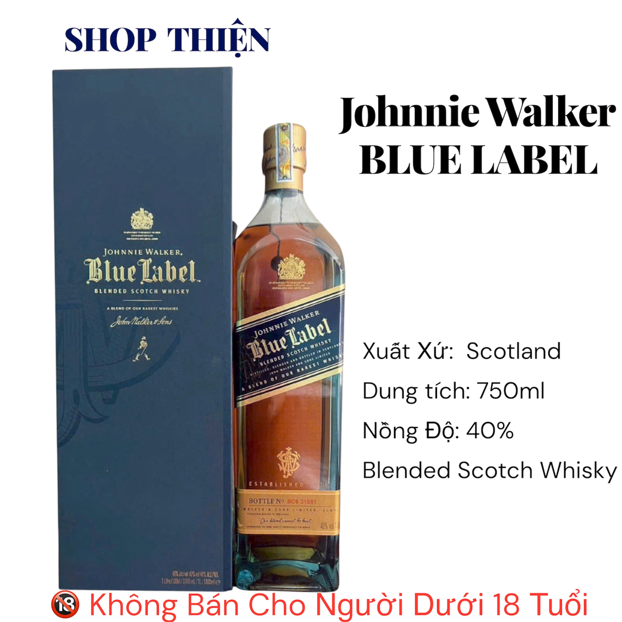 Rượu Johnnie Walker Blue Label 750ml 40% - Blended Scotch Whisky Scotland Cao Cấp | SHOP THIỆN