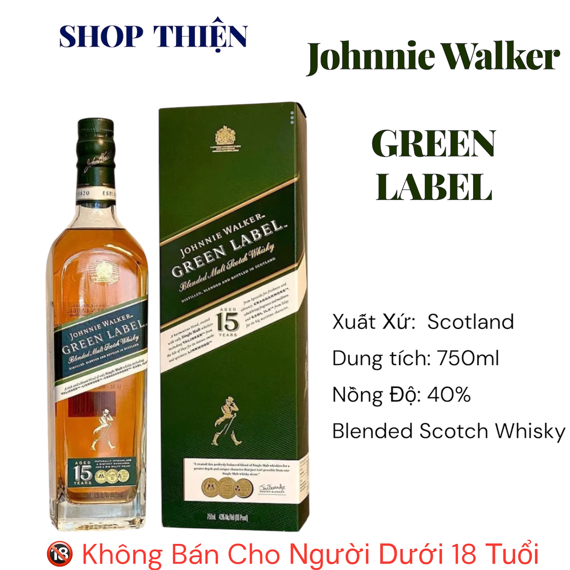 Rượu Johnnie Walker Green Label 15 Years 750ml 40% - Blended Malt Scotch Whisky Scotland | SHOP THIỆN