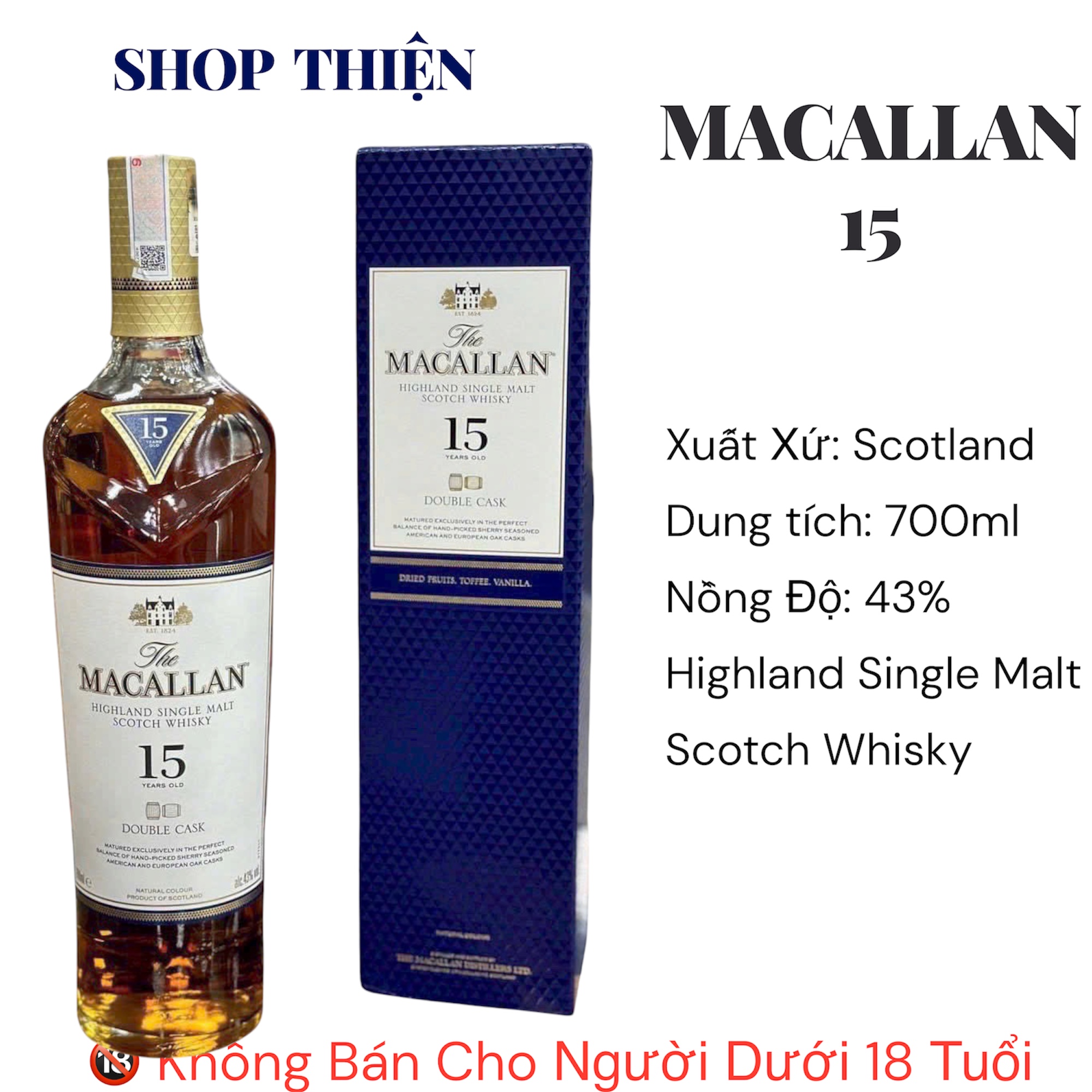 Rượu Whisky The Macallan 15 Years Old Double Cask - Highland Single Malt Scotch Whisky 700ml 43%