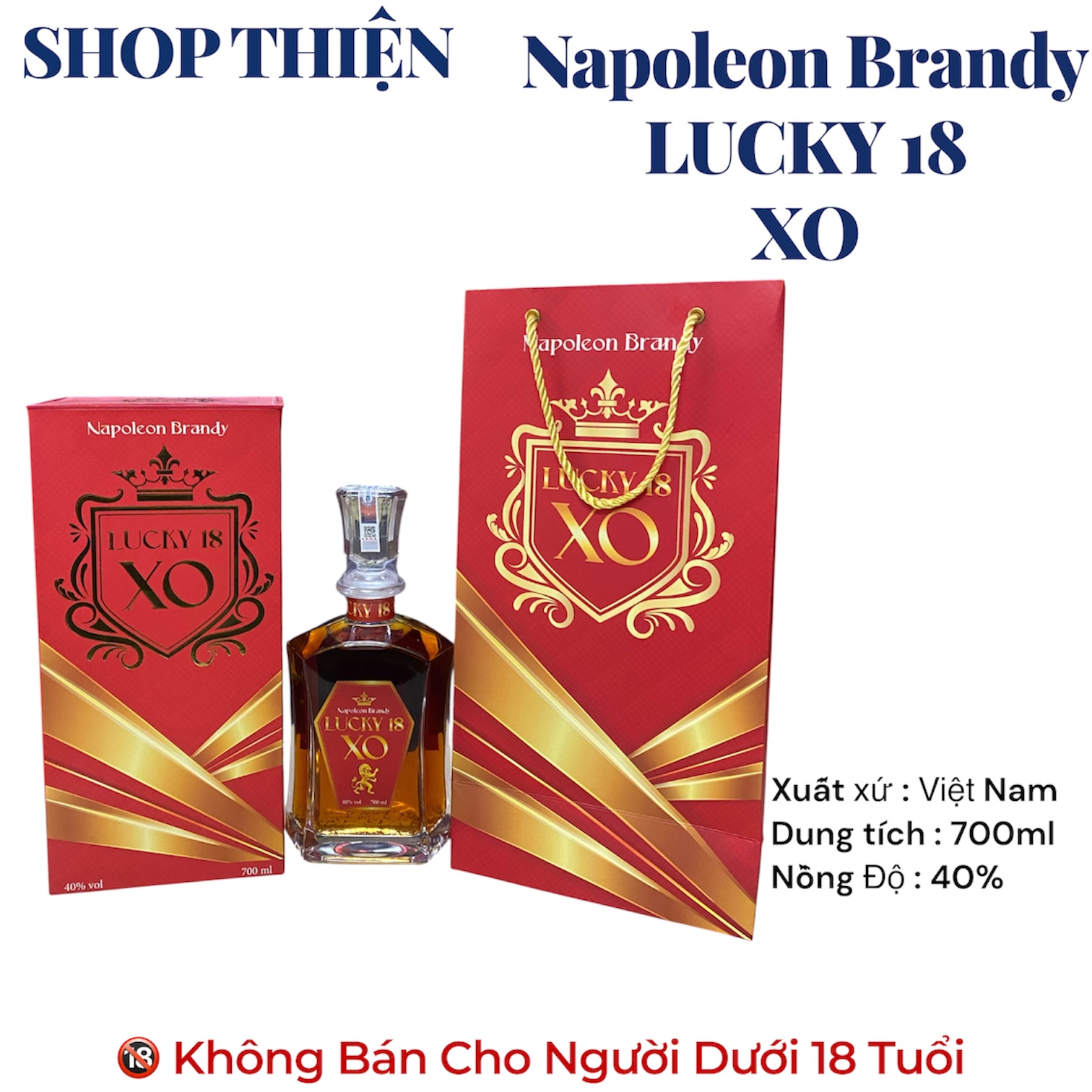 Rượu Brandy Napoleon LUCKY 18 XO 700ml 40% - Hộp Quà Tết Sang Trọng Kèm Túi Xách - Shop Thiện
