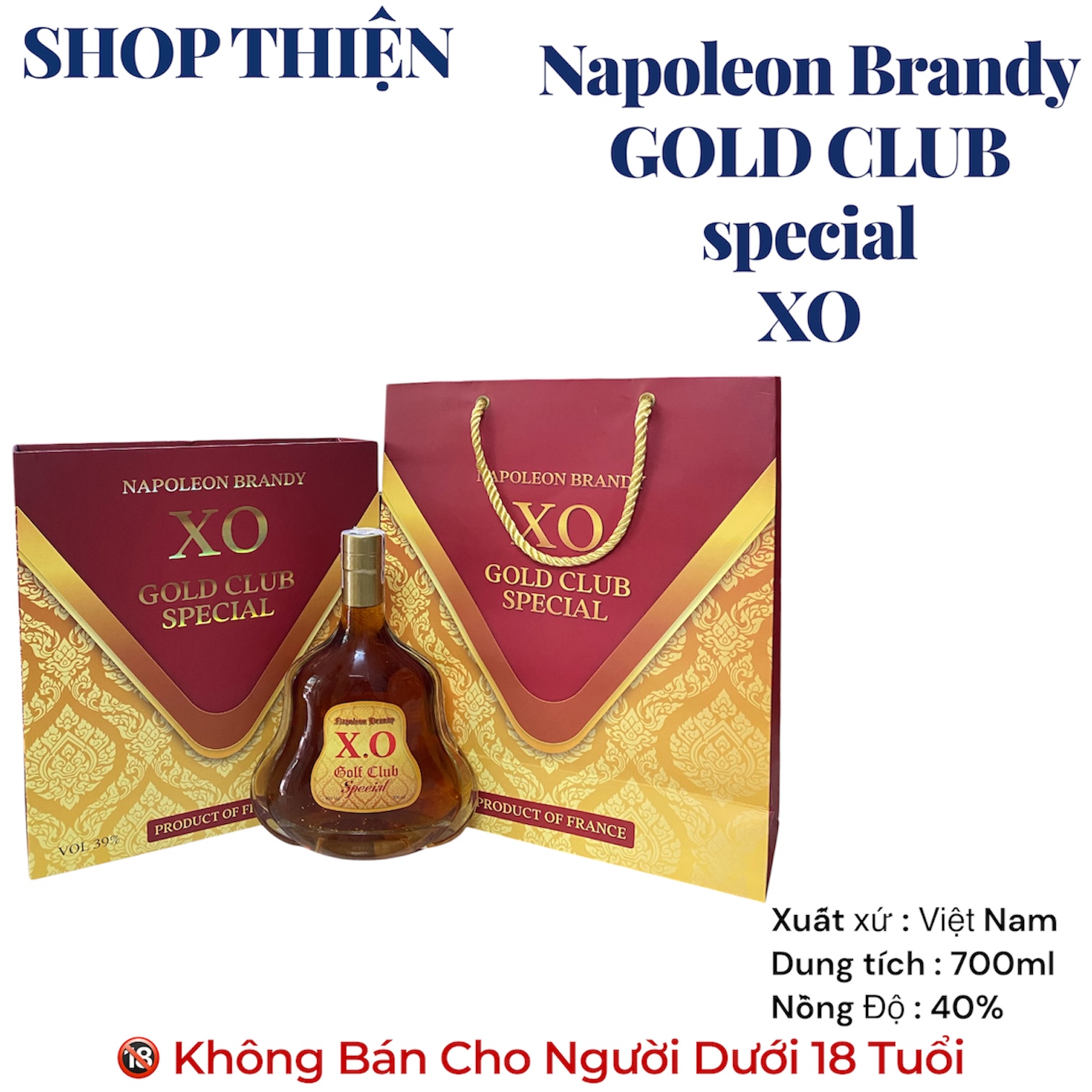 Rượu Brandy Napoleon XO Gold Club Special 700ml 40% - Hộp Quà Tết Cao Cấp Kèm Túi Xách - Shop Thiện