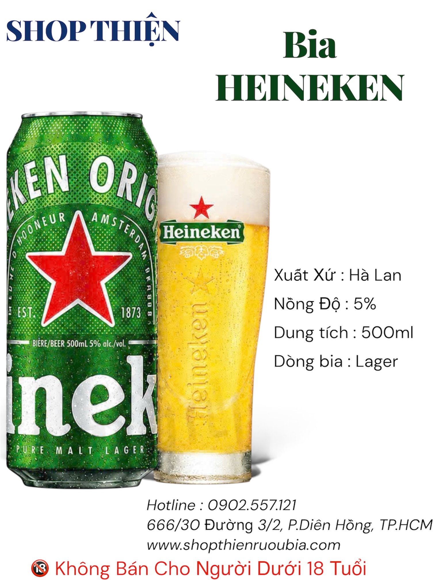 Bia Hà Lan Heineken Original Pure Malt Lager 500ml - 5%