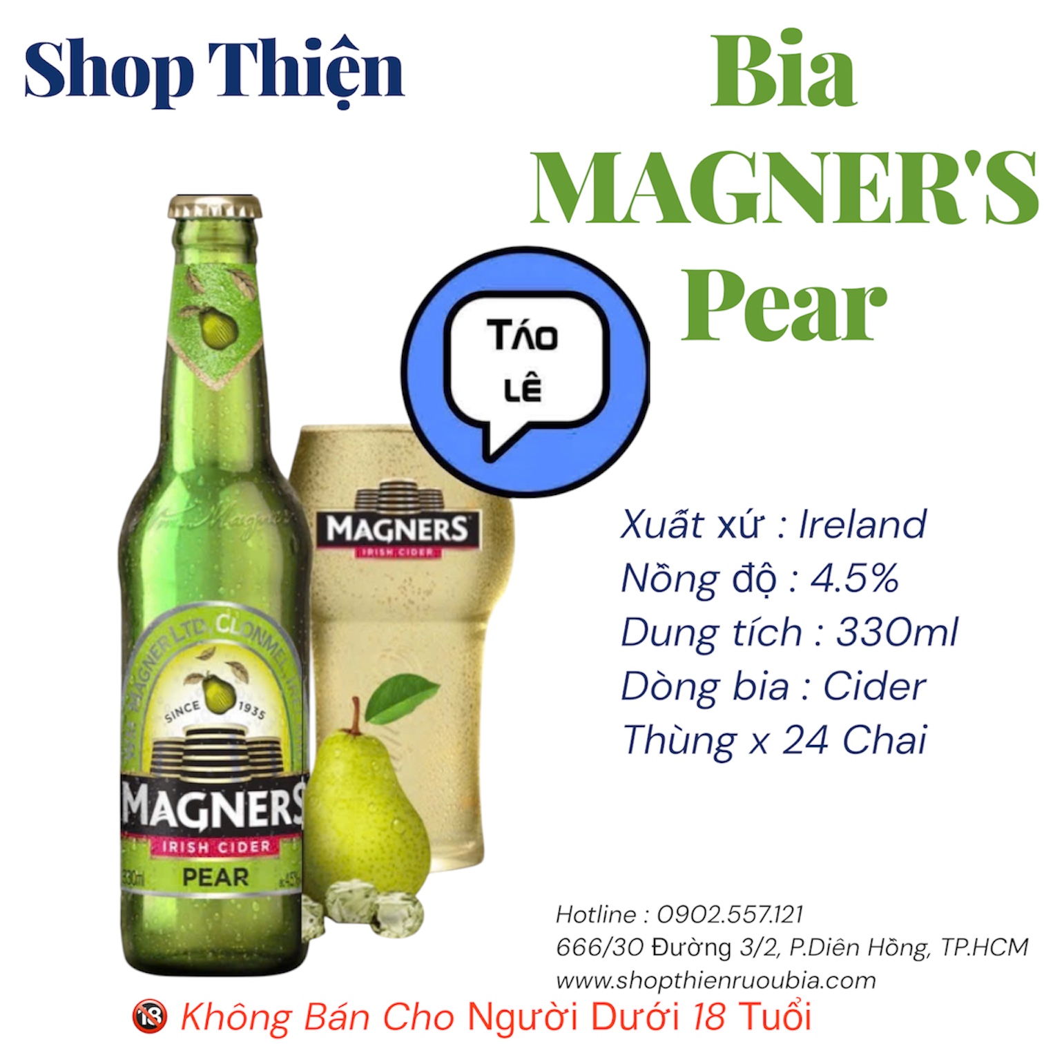 Bia Cider Magners Pear - Bia Trái Cây Táo Lê 4.5% - Thùng 24 Chai x 330ml