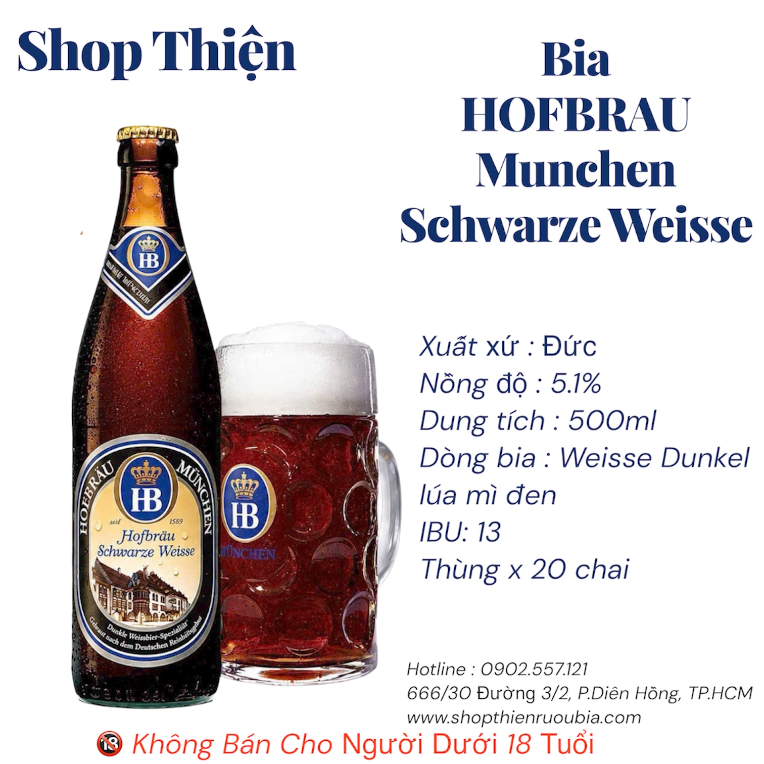 Bia Hofbräu München Schwarze Weisse 500ml - Thùng 20 Chai - Bia Lúa Mì Đen Đức