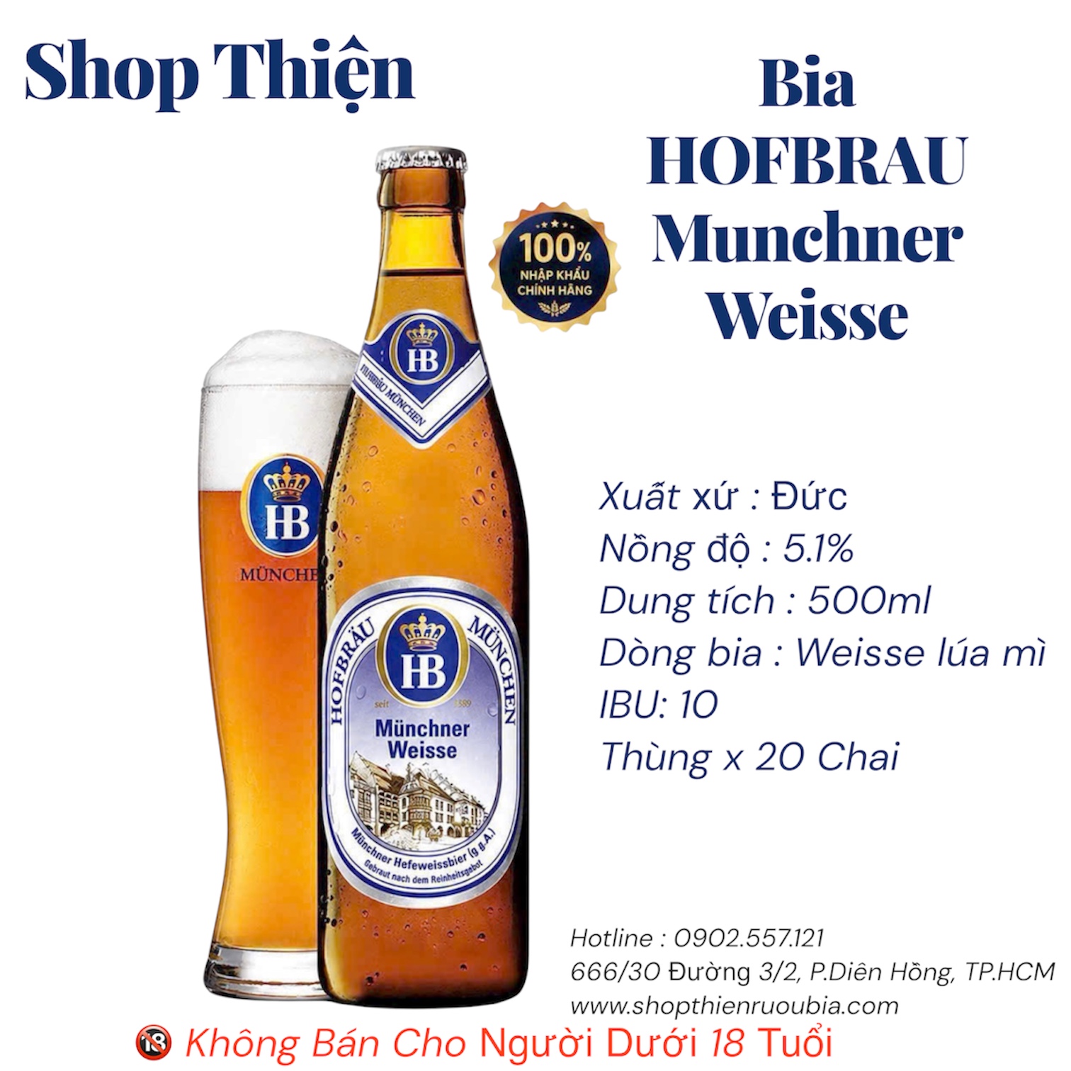 Thùng 20 Chai Bia Đức Hofbräu Münchner Weisse 500ml - 5.1% - Bia Lúa Mì