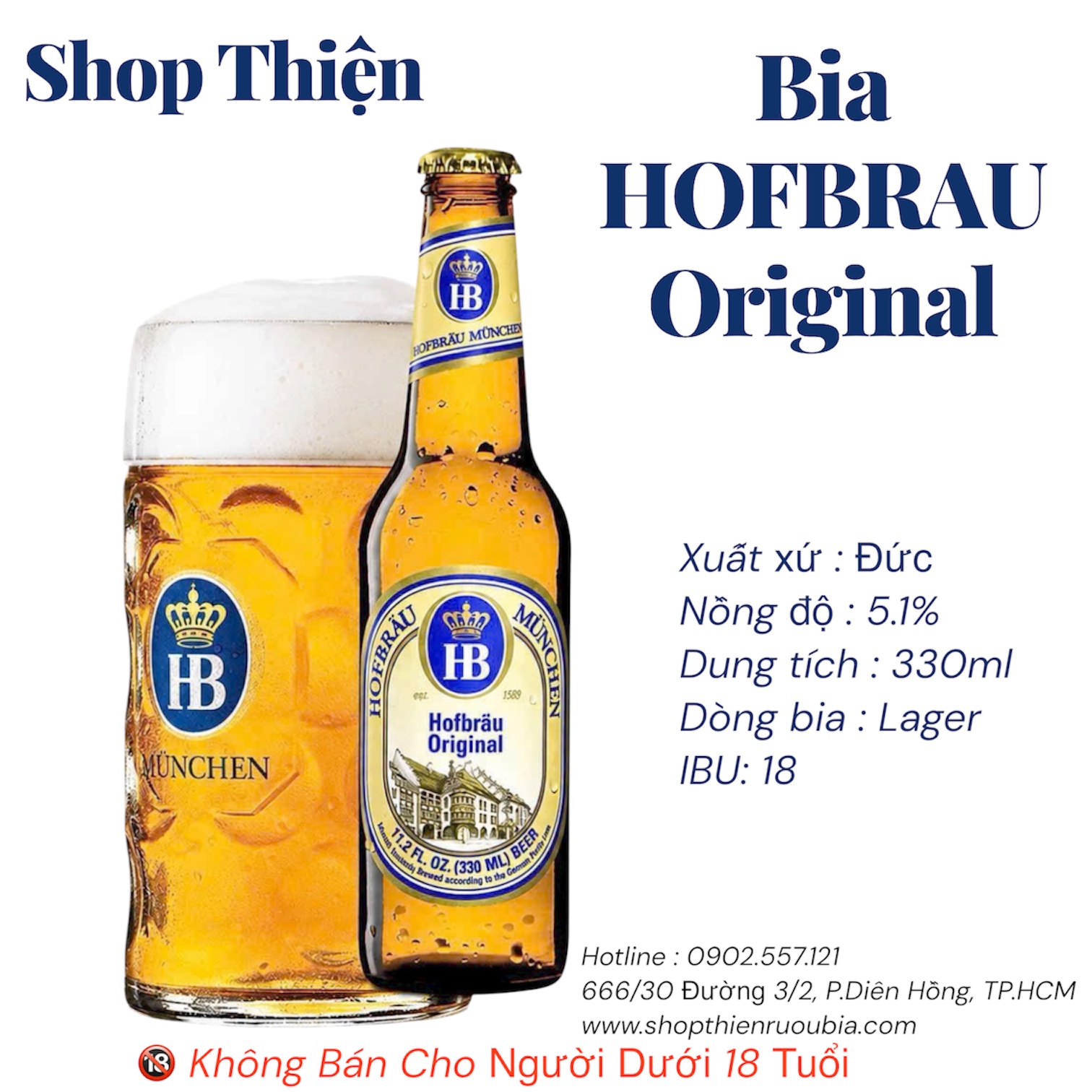 Bia Đức Hofbräu Original Lager 330ml - 5.1% - Bia Vàng Truyền Thống Munich