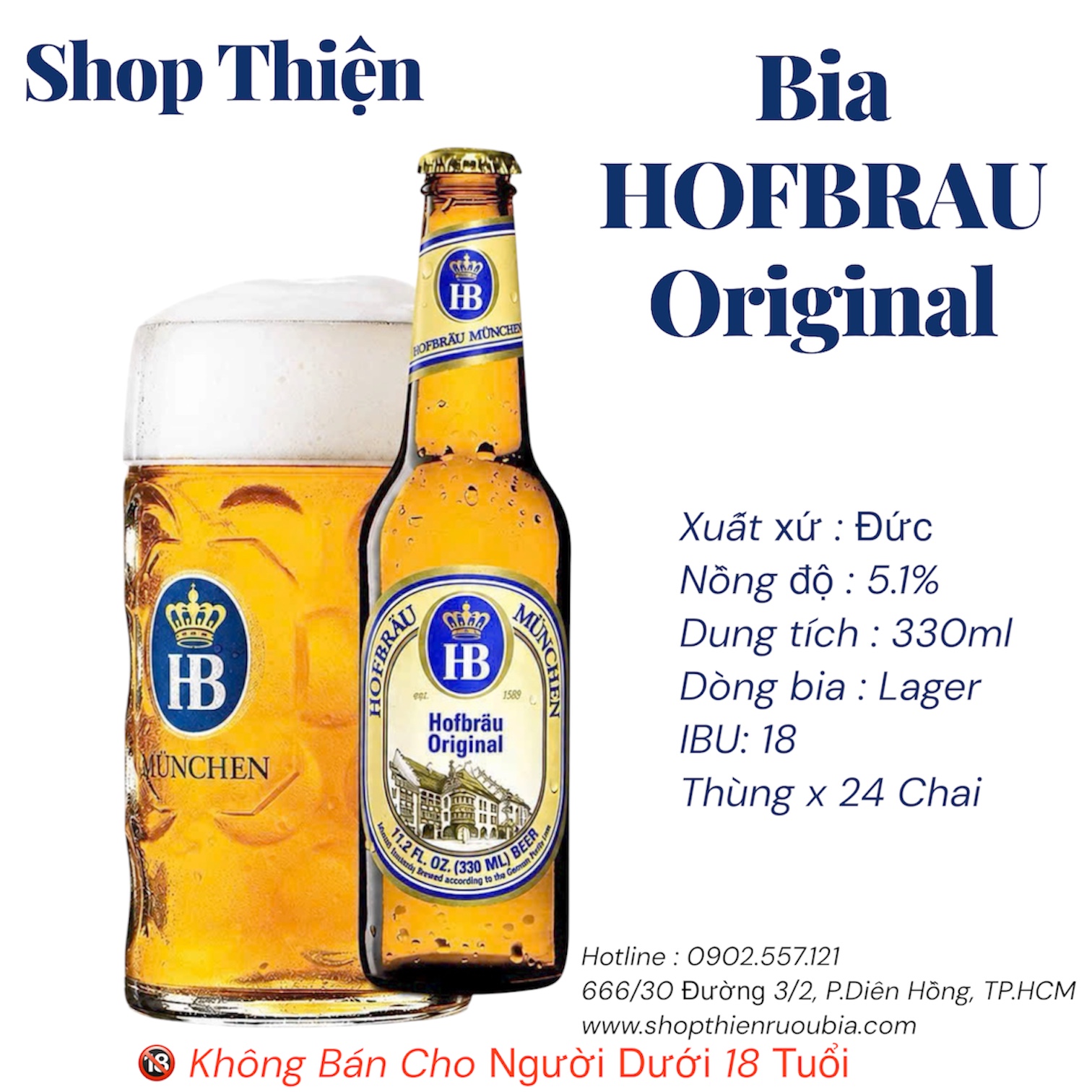 Thùng 24 Chai Bia Đức Hofbräu Original Lager 330ml - 5.1% - Bia Vàng Munich