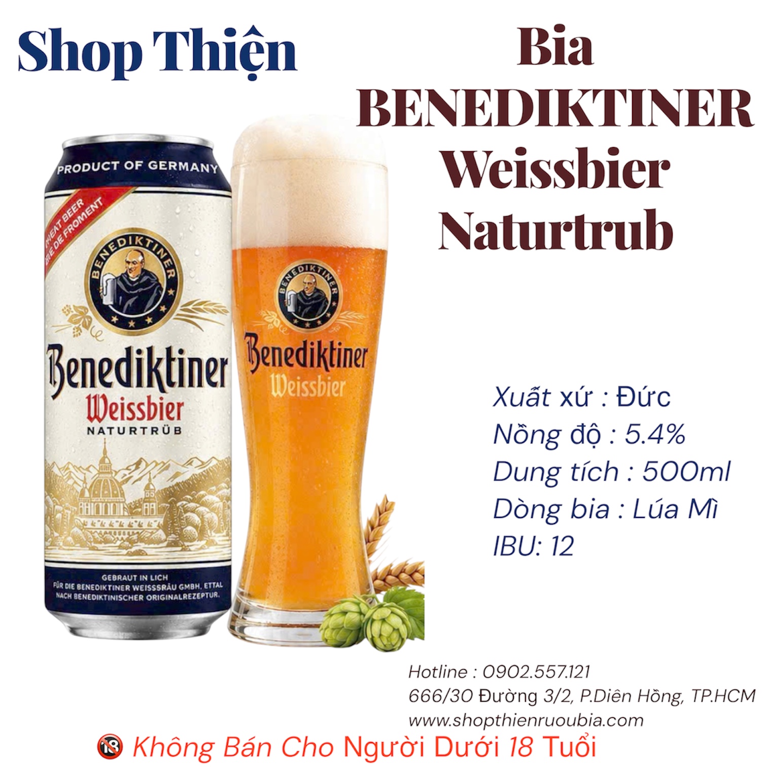 Bia Đức Benediktiner Weissbier Naturtrub 5.4% - Lon 500ml - Bia Lúa Mì