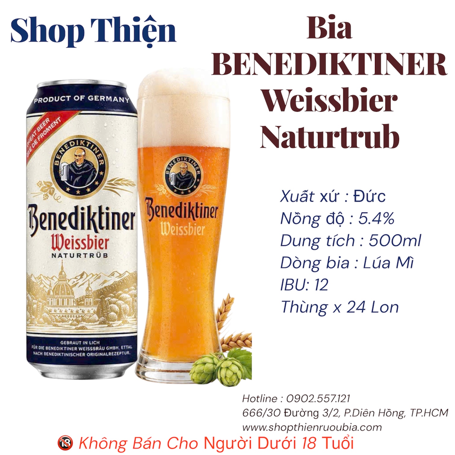 Bia Benediktiner Weissbier Naturtrüb 5.4% - Bia Lúa Mì Đức - Lon 500ml - Thùng 24 Lon