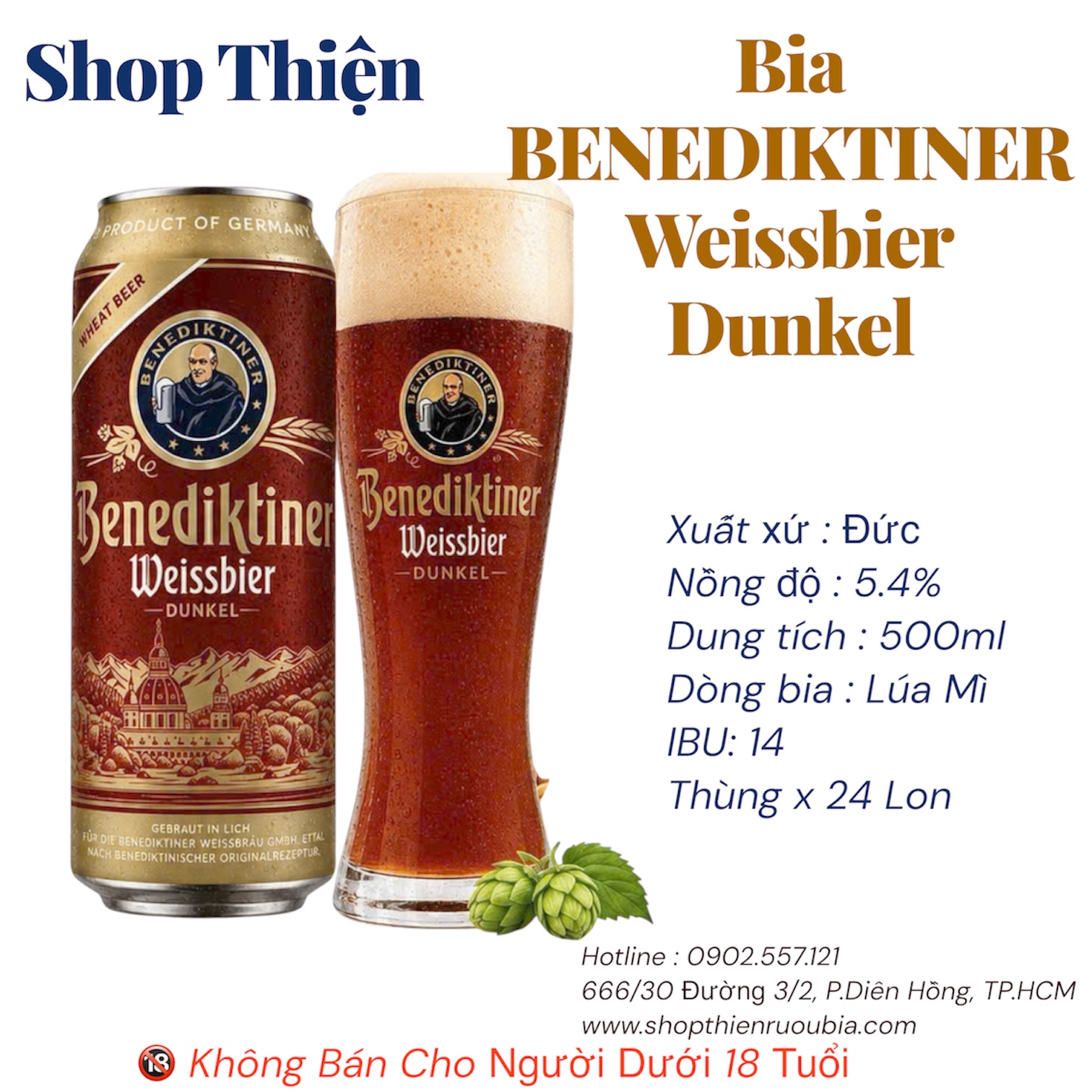Thùng 24 Lon Bia Đức Benediktiner Weissbier Dunkel 5.4% - Bia Lúa Mì Đen 500ml