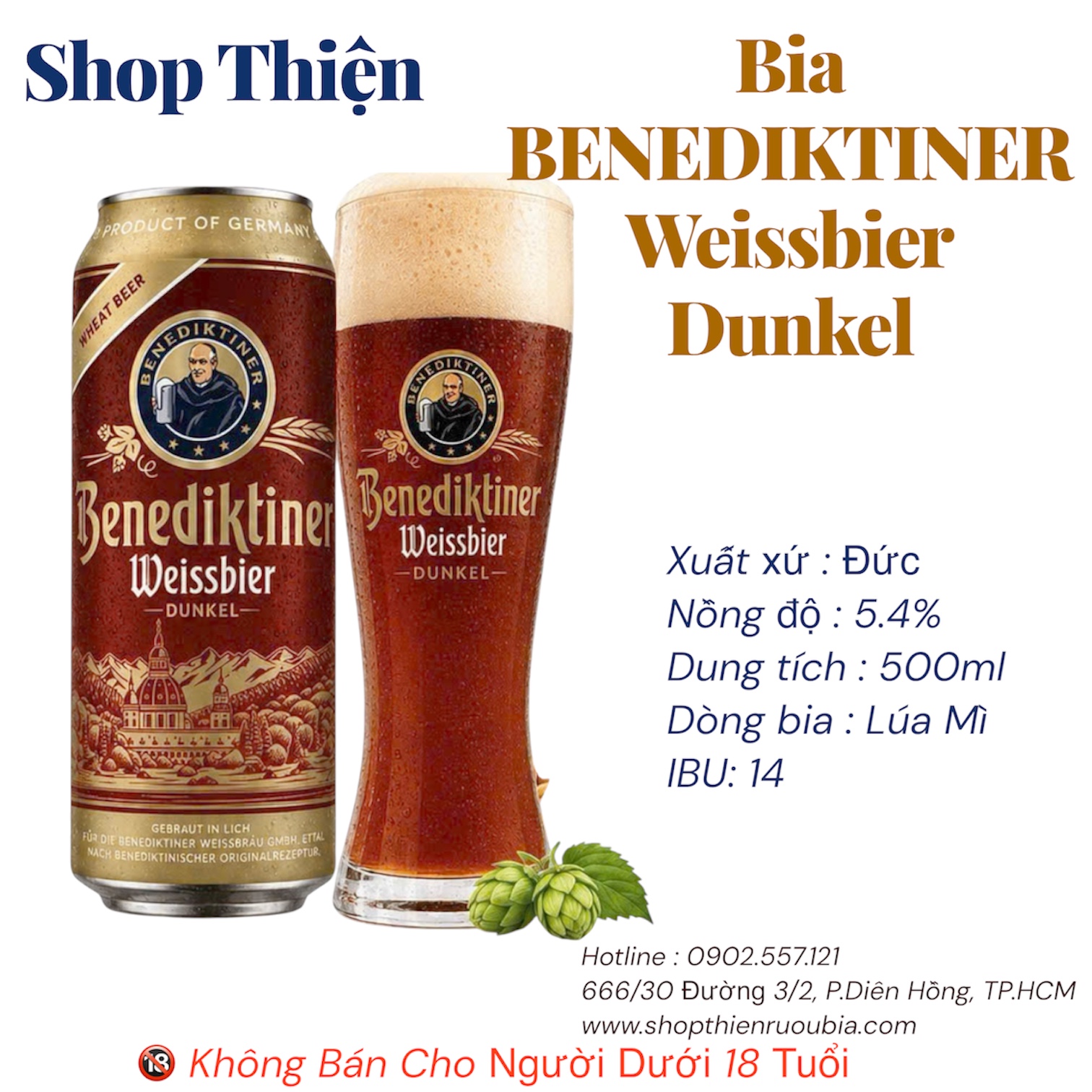 Bia Benediktiner Weissbier Dunkel 5.4% - Lon 500ml - Bia Lúa Mì Đen Nhập Khẩu Đức