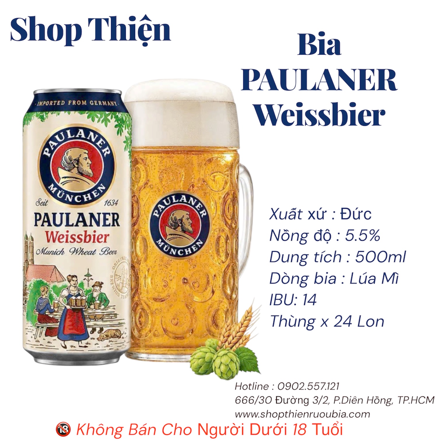 Bia Paulaner Weissbier 500ml - Bia Lúa Mì Đức - Thùng 24 Lon - Shop Thiện