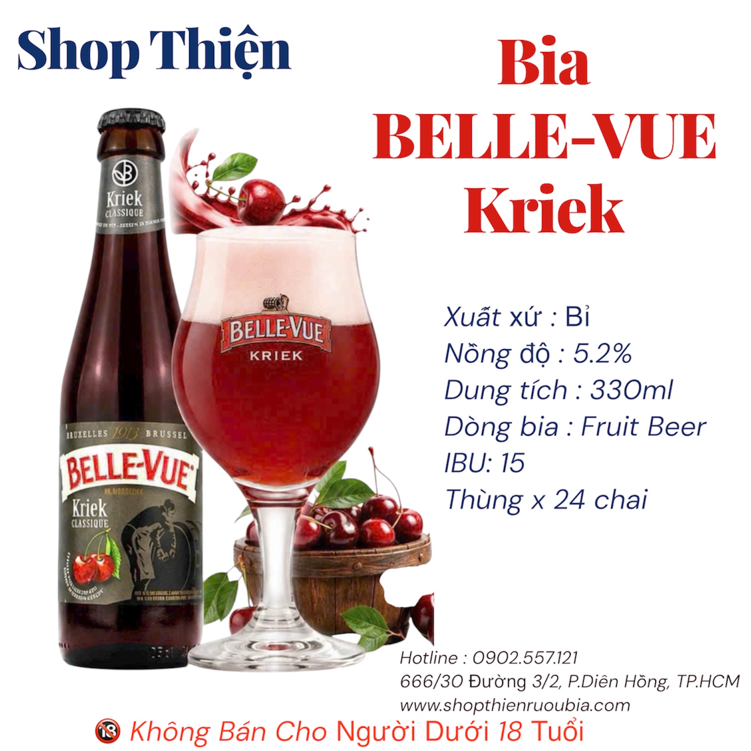 Bia Belle-Vue Kriek Classique 5.2% - Thùng 24 Chai 330ml - Bia Trái Cây Cherry Bỉ