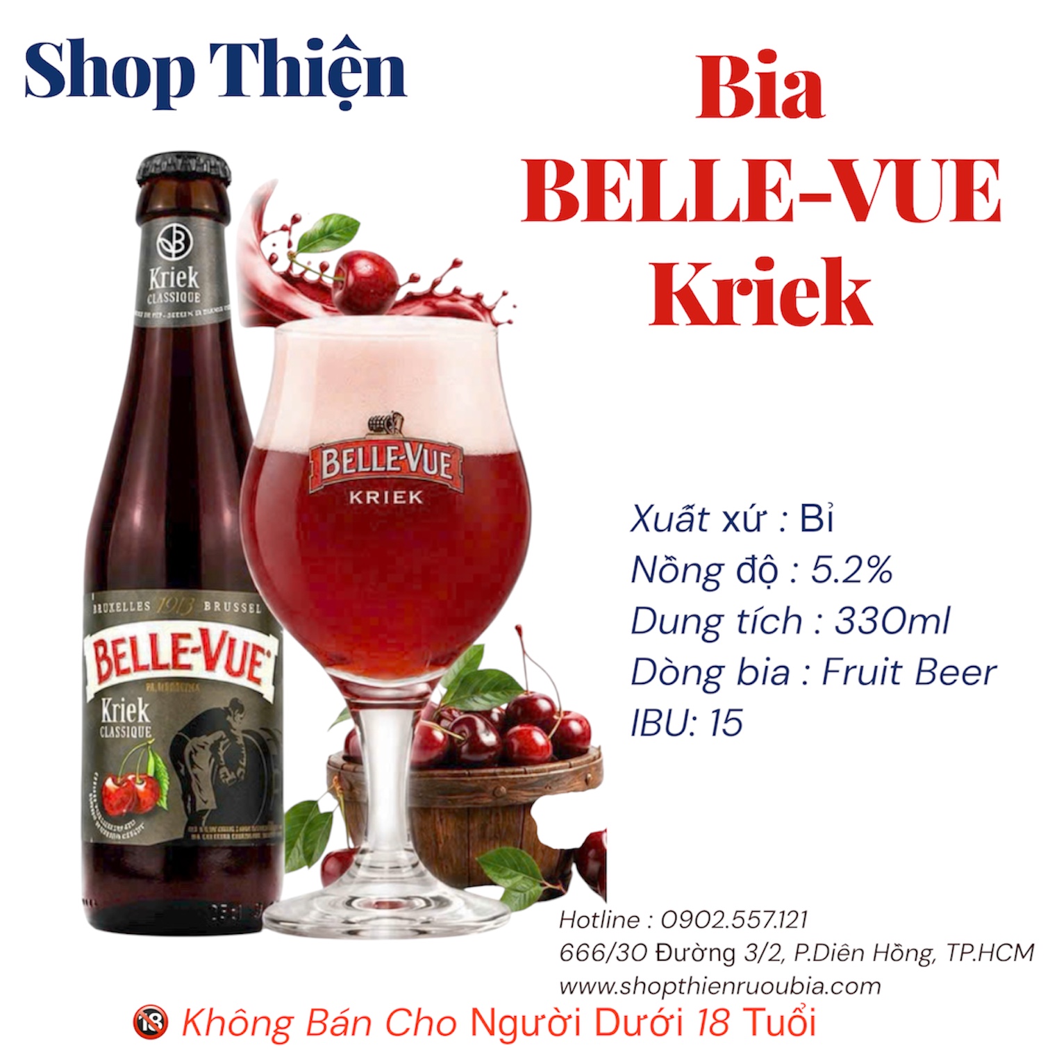 Bia Belle-Vue Kriek Classique 5.2%  330ml - Bia Trái Cây Cherry Bỉ
