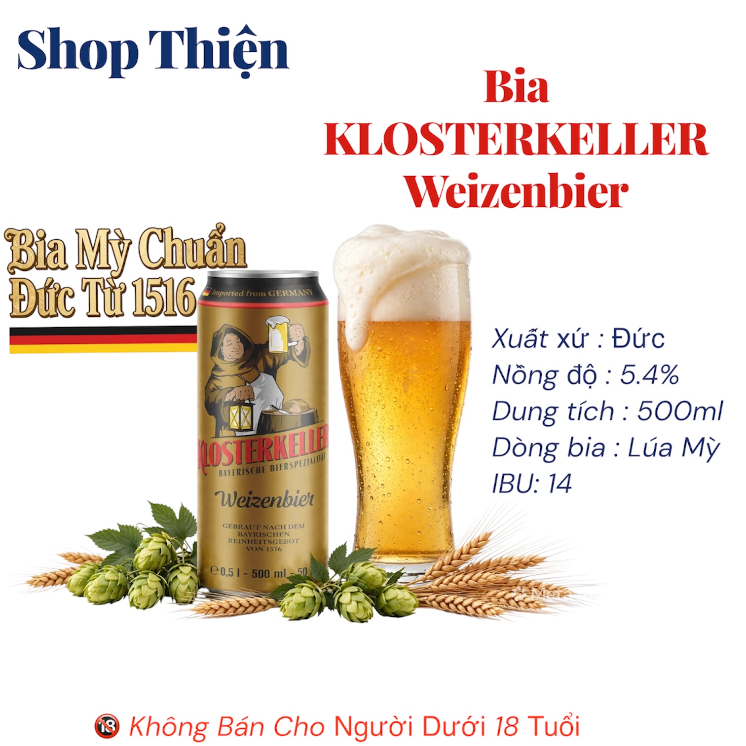 Bia Klosterkeller Weizenbier 5.4% 500ml - Bia Mỳ Chuẩn Đức Từ 1516