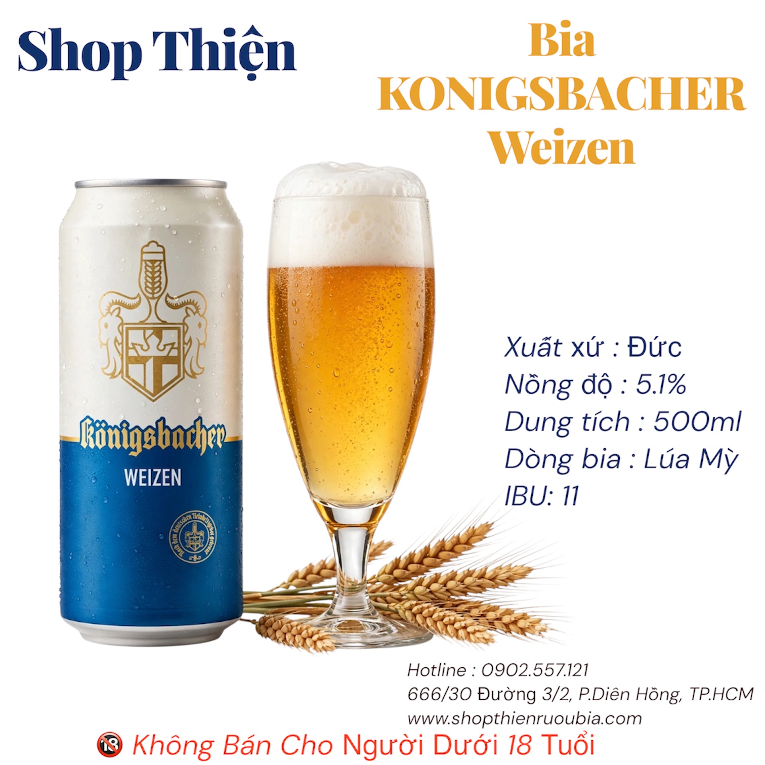 Bia Đức Königsbacher Weizen 5,1% - Lon 500ml - Nhập Khẩu Đức