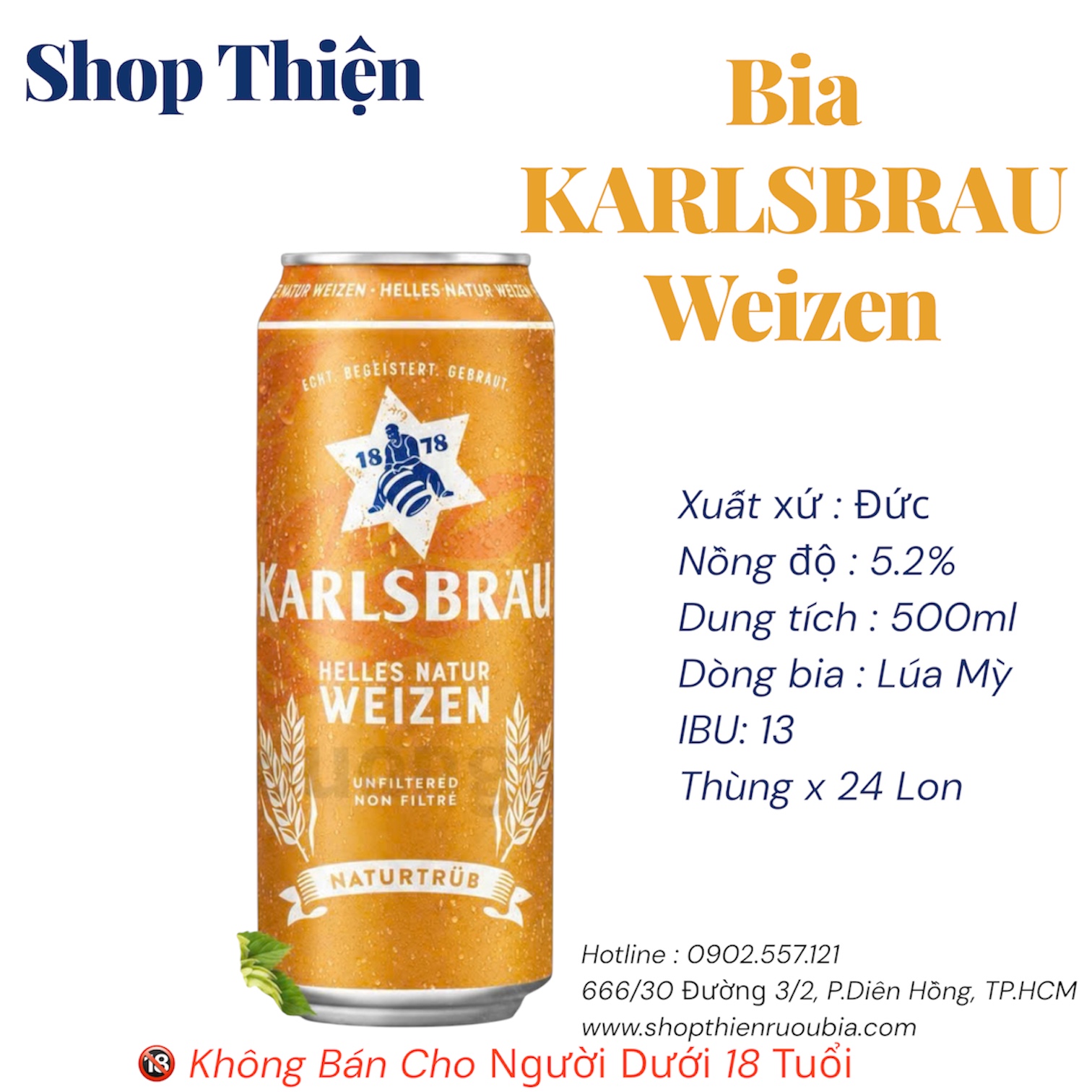 Bia Đức Karlsbräu Helles Natur Weizen 5.2% - Thùng 24 Lon x 500ml