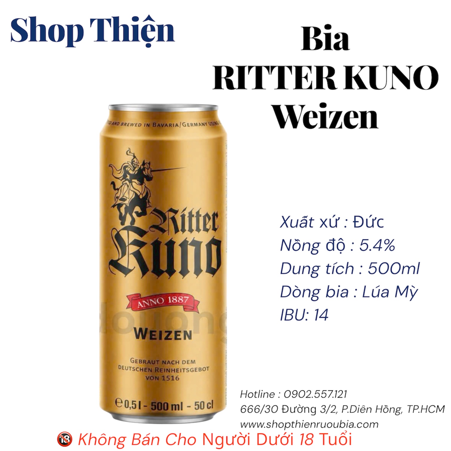 Bia Đức Ritter Kuno Weizen 5.4% - Lon 500ml - Bia Lúa Mì