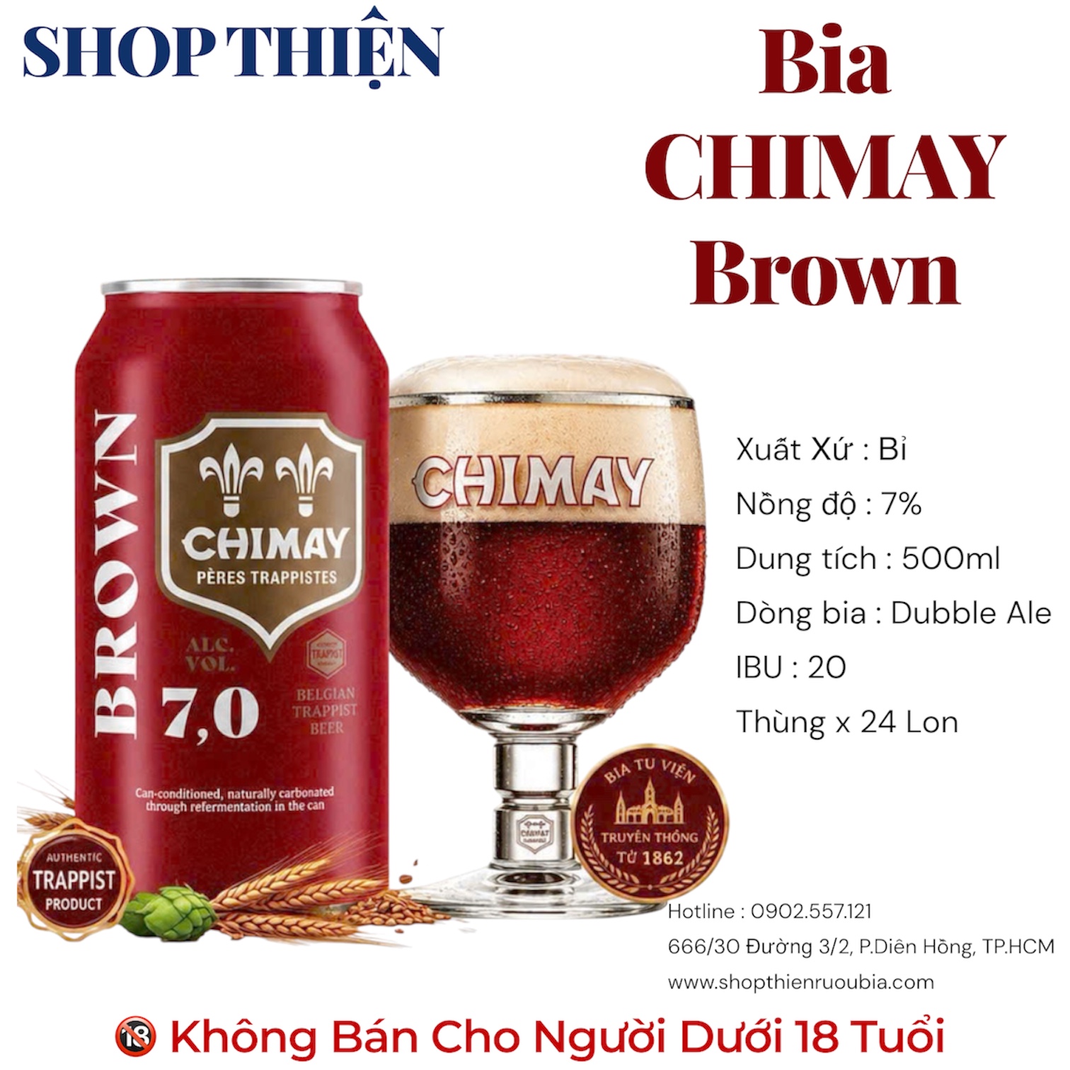 Bia Chimay Brown 7.0% - Bia Tu Viện Bỉ - Lon 500ml - Thùng 24 Lon [Chính Hãng]