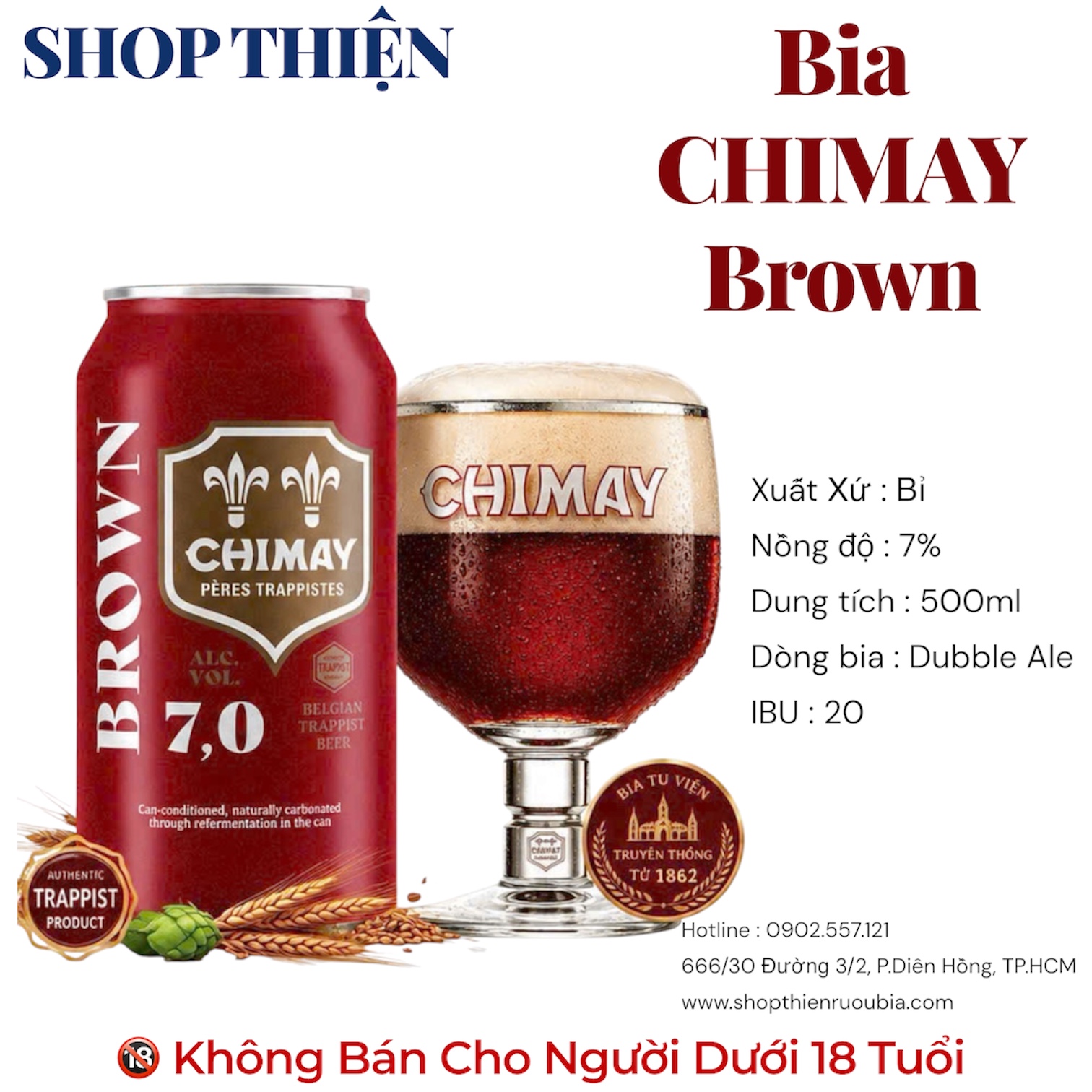 Bia Chimay Brown 7.0% - Bia Tu Viện Bỉ - Lon 500ml