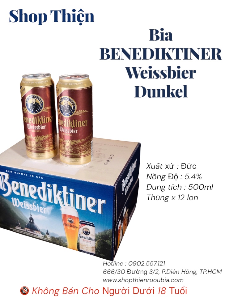 Bia Benediktiner Weissbier Dunkel 5.4% - Lon 500ml - Thùng 12 Lon - Nhập Khẩu Đức