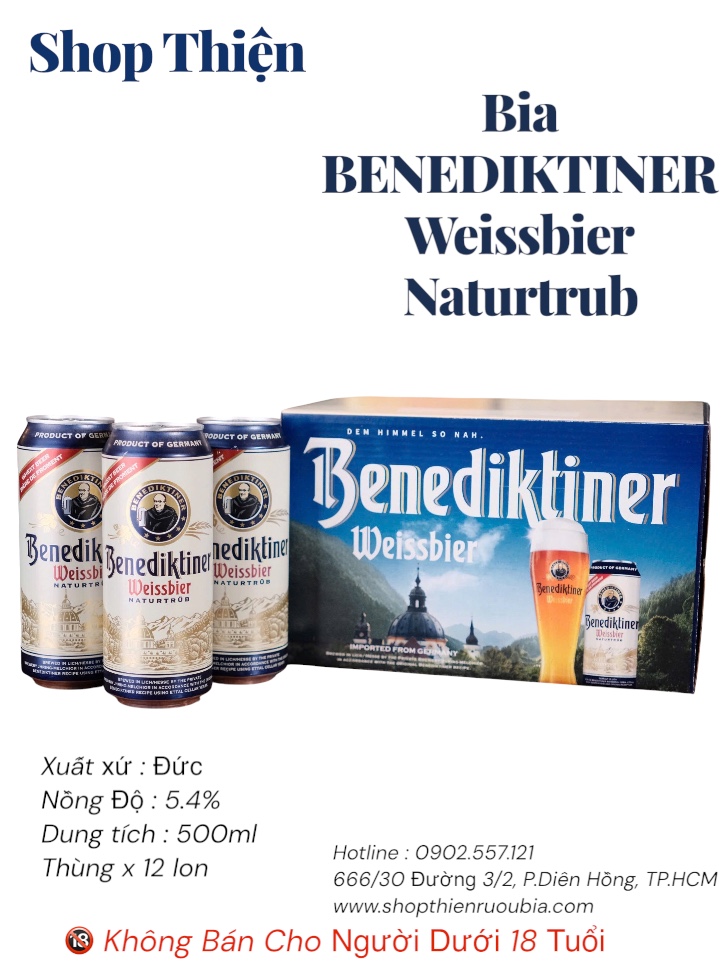 Bia Benediktiner Weissbier Naturtrub 5.4% - Lon 500ml - Thùng 12 Lon - Nhập Khẩu Đức