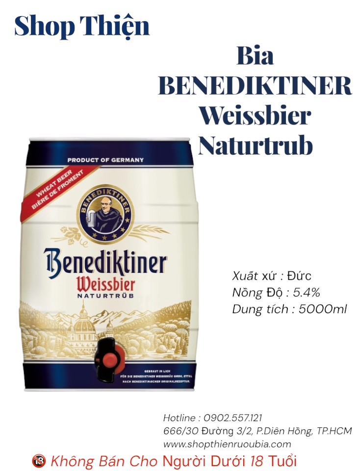 Bia Bom 5 Lít Benediktiner Weissbier Naturtrüb - Bia Lúa Mì Đức 5.4% - Thùng Mini Keg Có Vòi