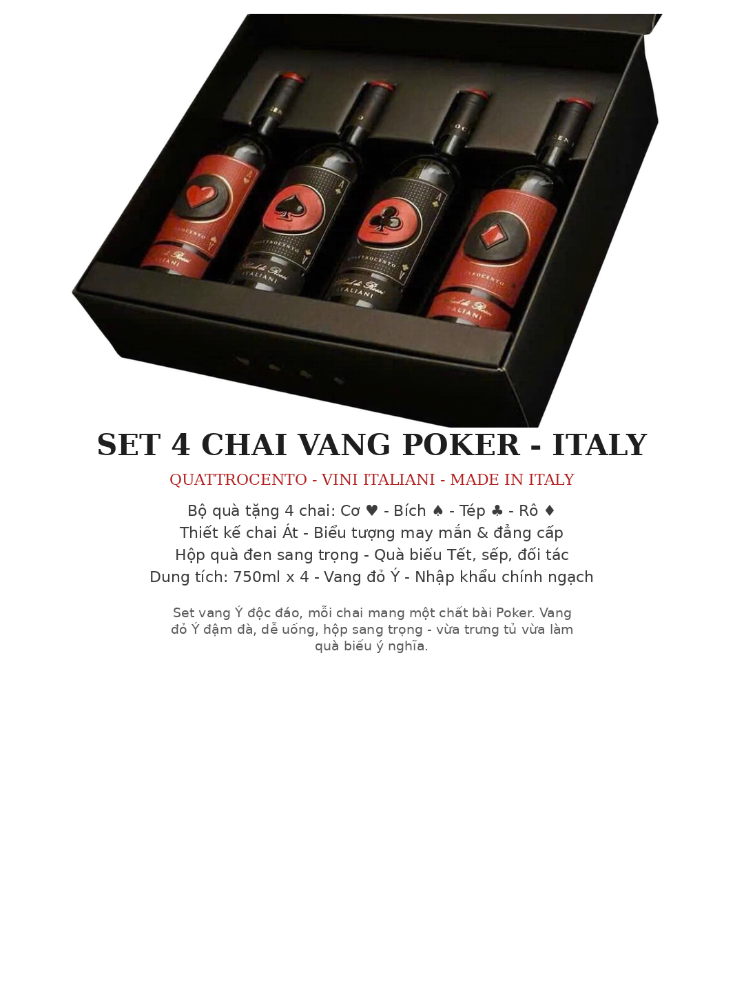 Set 4 Chai Rượu Vang Đỏ Ý Poker Quattrocento - Vini Italiani - Hộp Quà Sang Trọng 750ml x 4