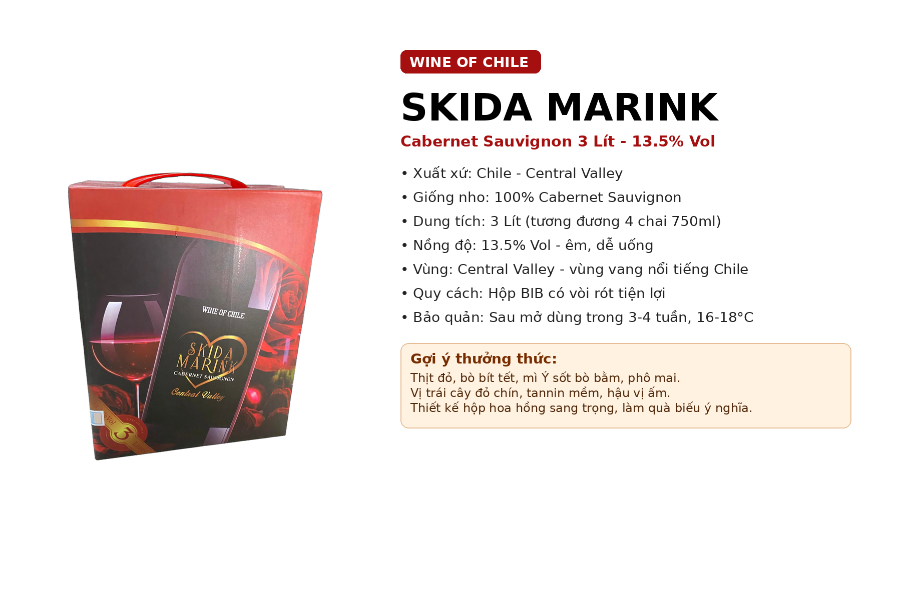 Vang Đỏ Bịch 3 Lít Skida Marink Chile 13.5% - Cabernet Sauvignon - Vang Bịch Có Vòi 3L