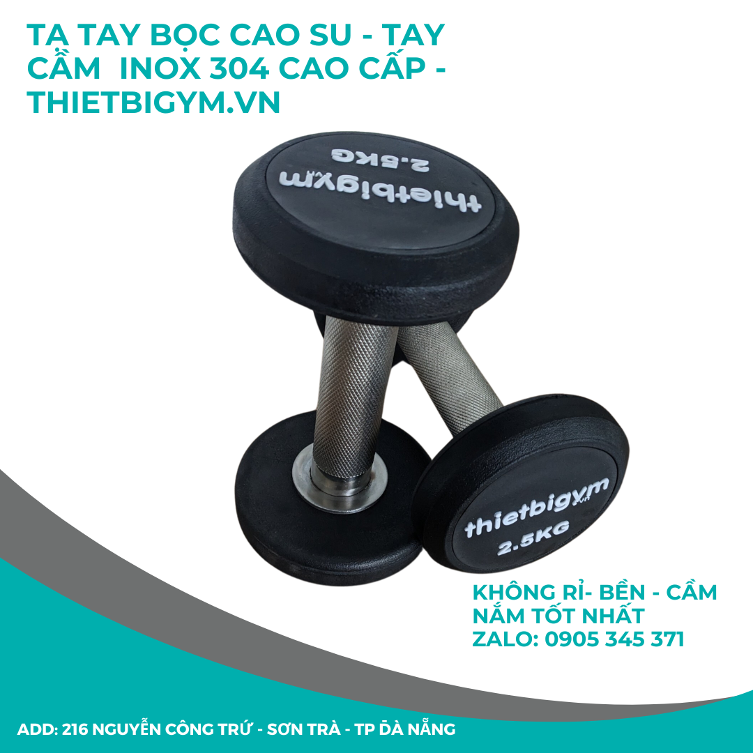 Tạ tay inox 304 bọc cao su cao cấp thietbigym Thietbigym.vn