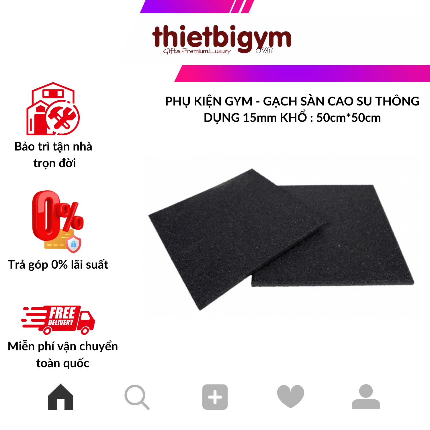 THẢM GẠCH CAO SU PHÒNG GYM (50cmx50cmx1,5cm)