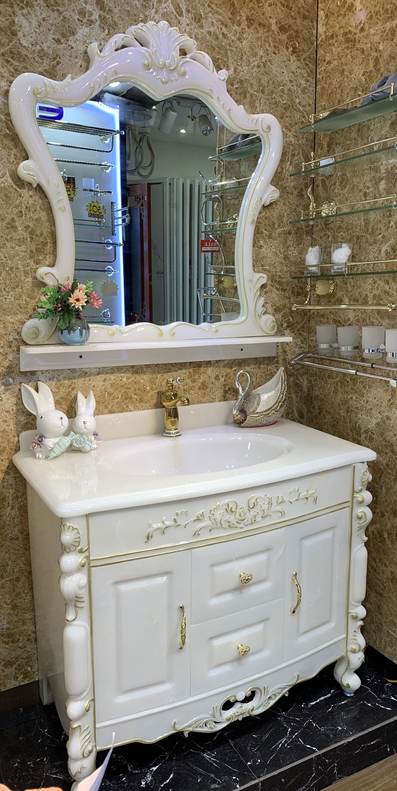 Tủ chậu Lavabo đá tân cổ điển cao cấp P1-100CM