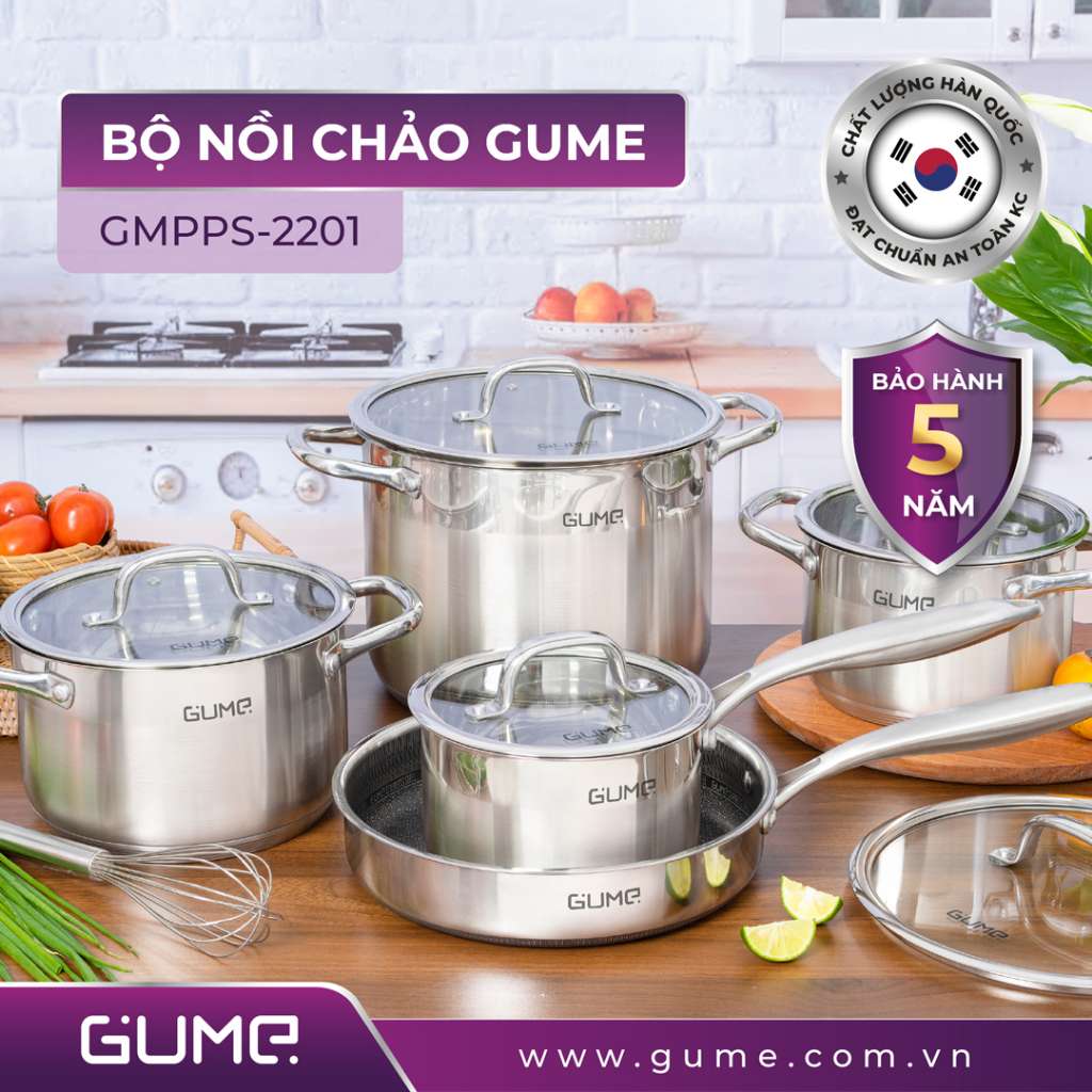 Bộ Nồi Chảo GUME, Chất Liệu Inox Với đáy 5 Lớp Phù Hợp Với Mọi Loại Bếp