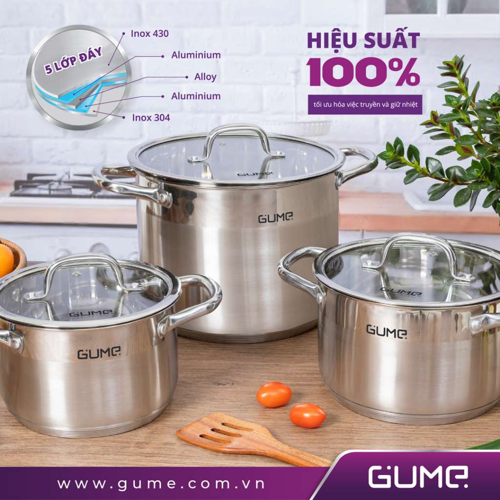 Bộ Nồi Chảo GUME, Chất Liệu Inox Với đáy 5 Lớp Phù Hợp Với Mọi Loại Bếp