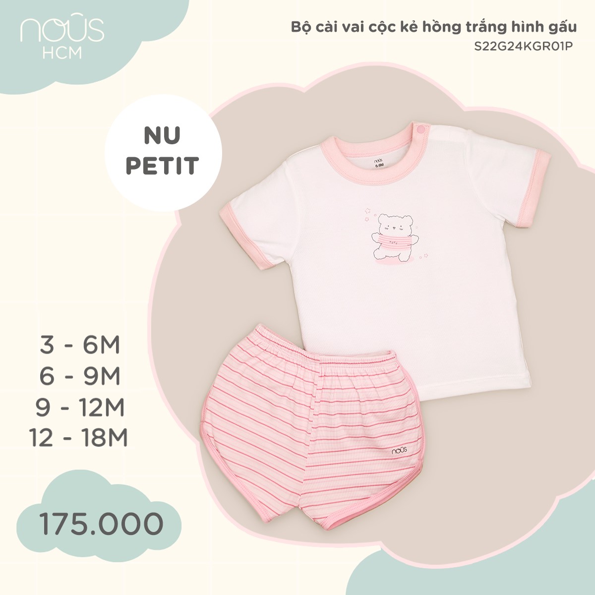 Bộ cài vai cộc kẻ hồng trắng hình gấu Nous HCM