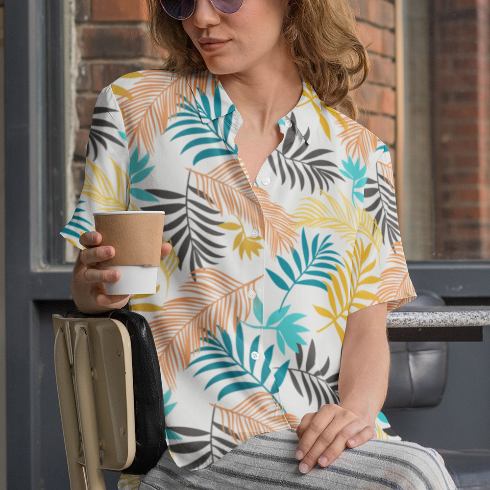 Áo sơ mi hawaii tay ngắn unisex, hoạ tiết hoa lá, phù hợp cho nam nữ