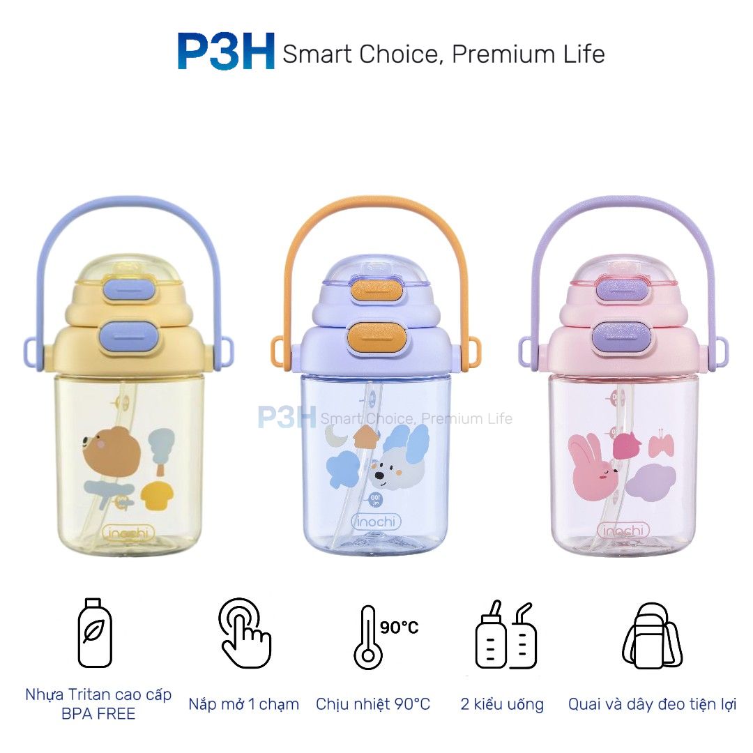 Bình nước nhựa Tritan Inochi Kita POP 560ml nắp mở 2 tầng có quai xách và dây đeo P3H