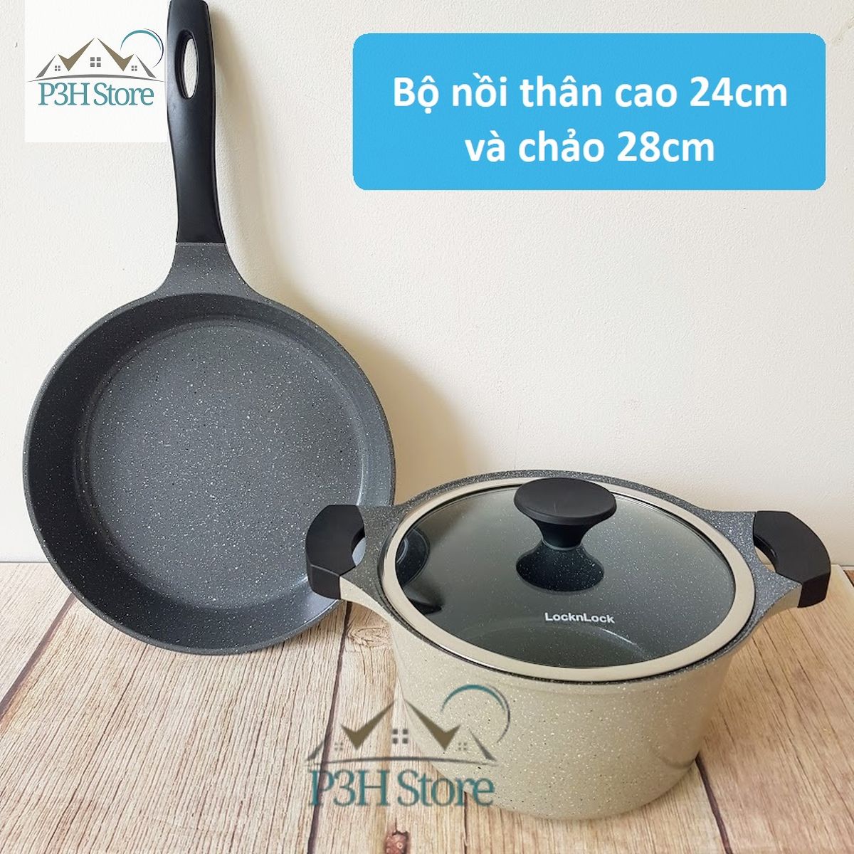 Bộ nồi chảo vân đá Lock&Lock Vitamin Stone nồi thân cao 24cm chảo 28cm  LCA6244DS02