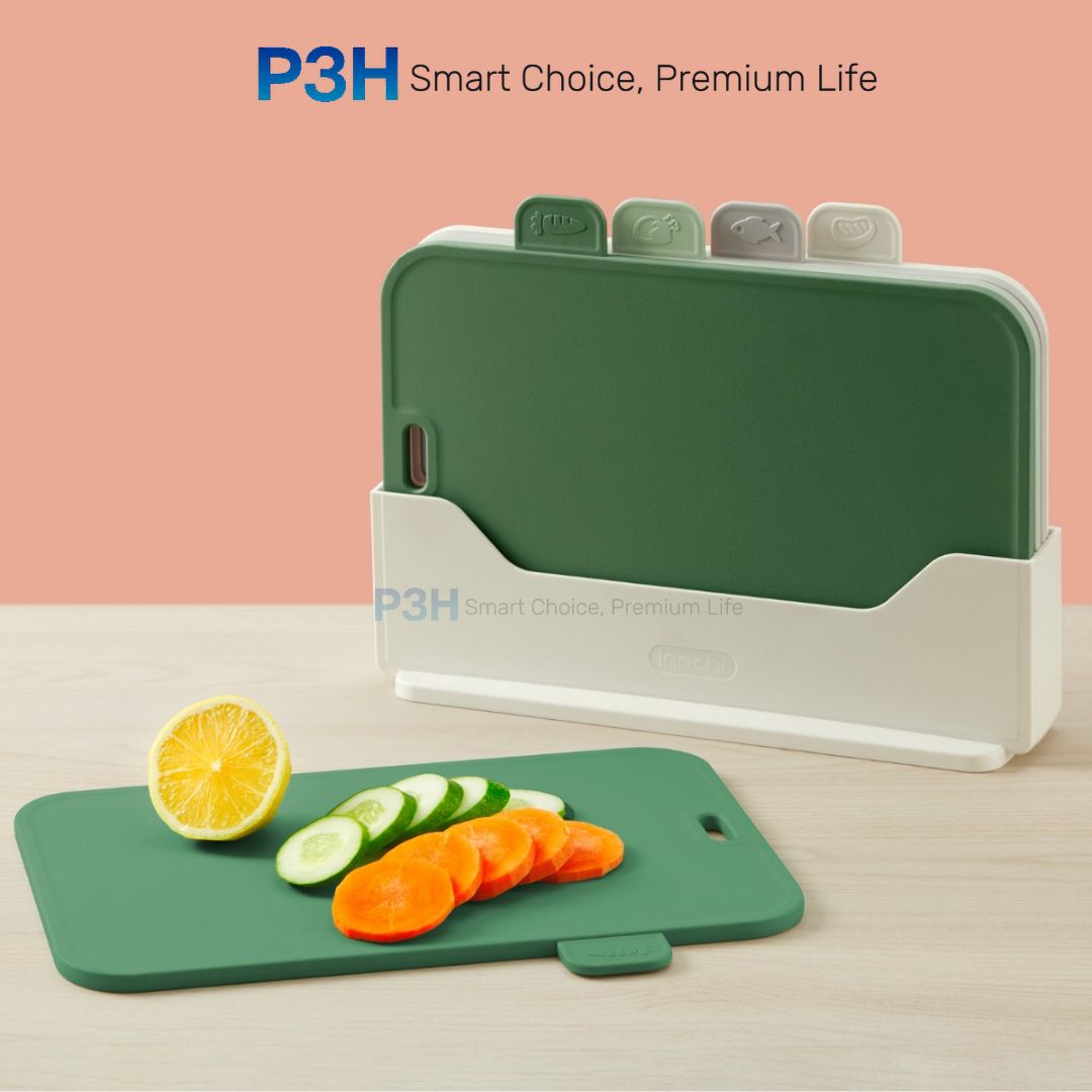 Bộ 4 Thớt nhựa kháng khuẩn đa năng có giá đỡ Inochi Yoko chống trượt, dày dặn P3H