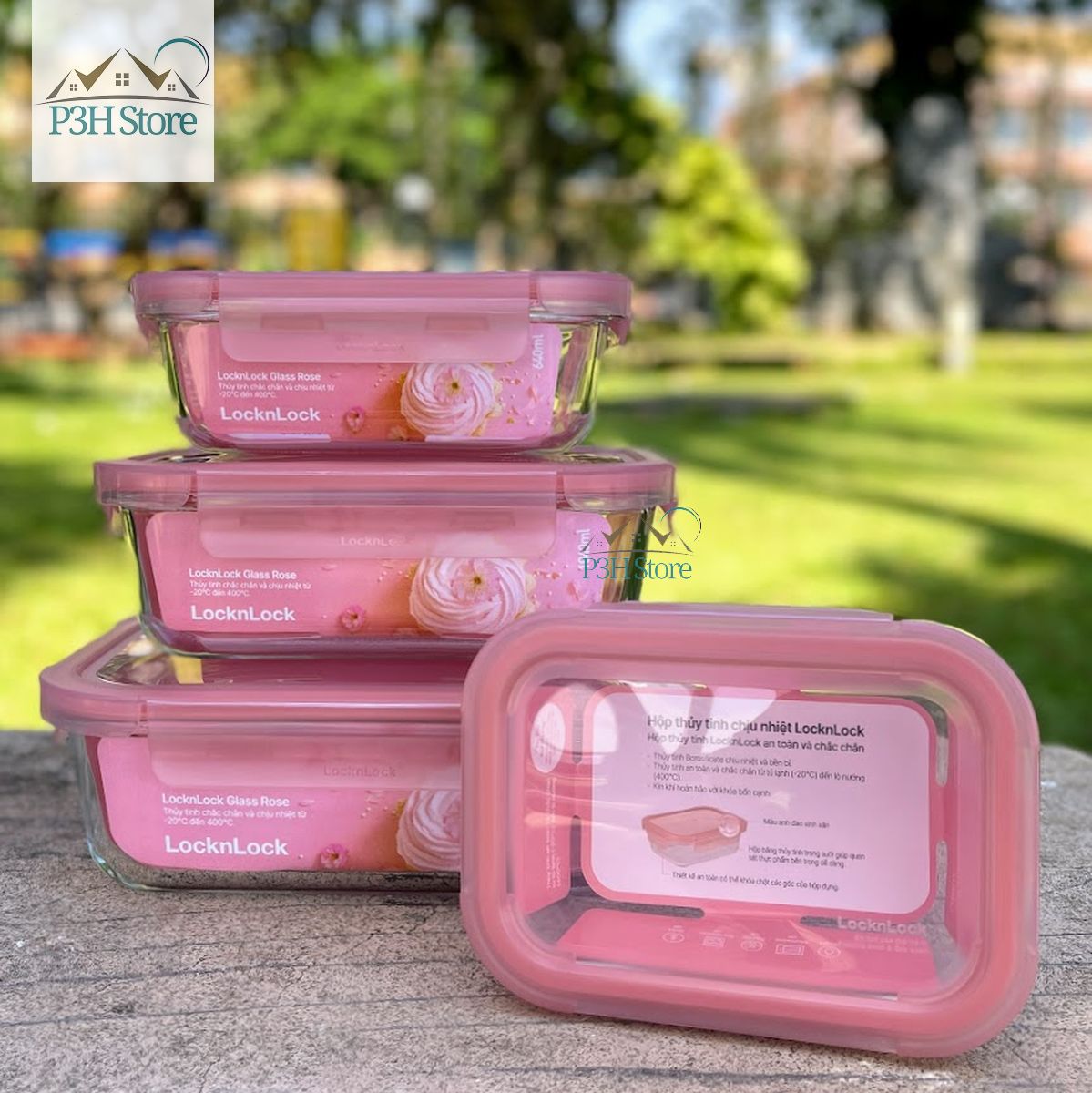 Hộp thủy tinh chịu nhiệt LocknLock Rose với nắp màu đỏ hoa anh đào LLG401 LLG402 LLG403 LLG404